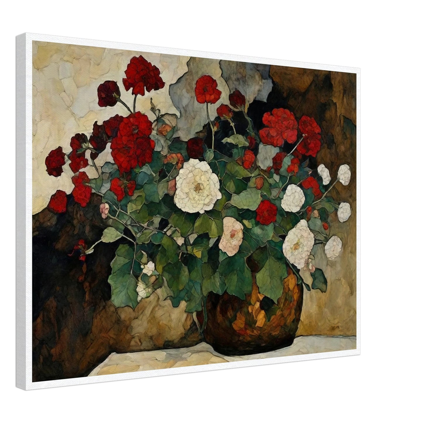 A detailed painting of a vase filled with red and white flowers, set against a textured background.