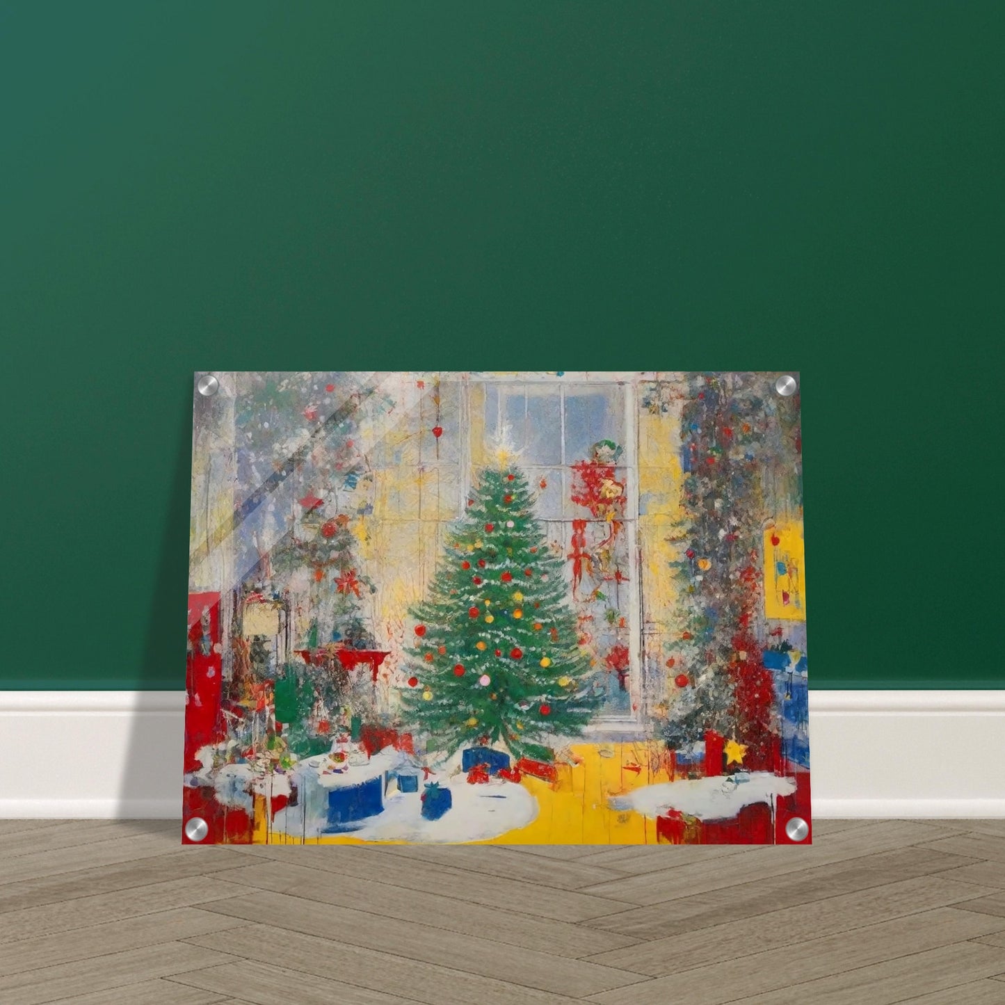 A vibrant painting of a festive living room with a beautifully decorated Christmas tree, glowing lights, and wrapped presents by a large window.