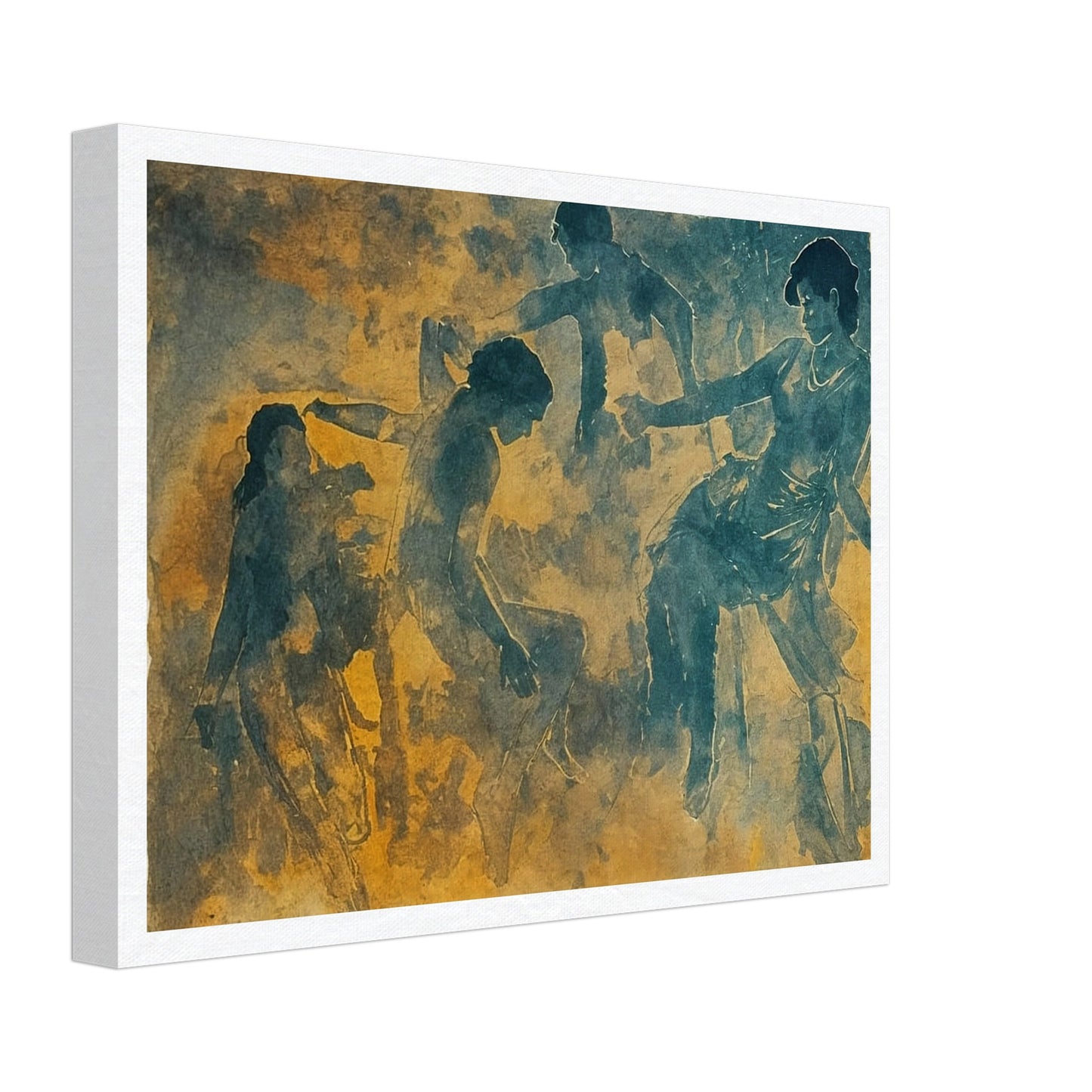 A serene artwork featuring ethereal figures in motion, rendered in soft hues of blue and gold. The dancers appear to be gracefully interacting with one another, evoking a sense of harmony and fluidity.