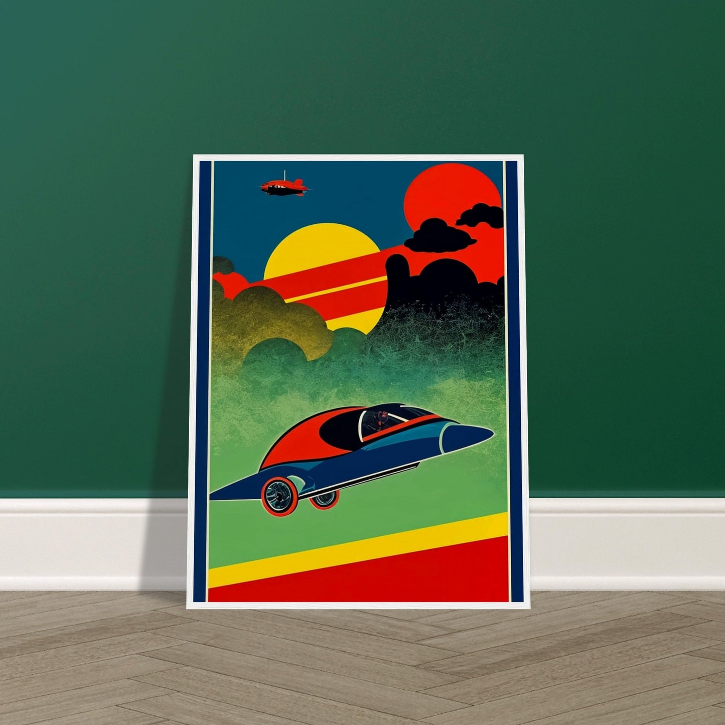 A vibrant, retro-futuristic artwork depicting a sleek, flying car soaring through a colorful sky with bold geometric shapes and a distant plane.