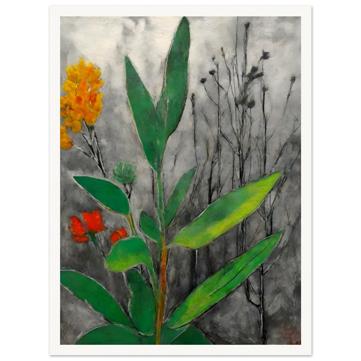 A striking contrast of lush green leaves and vibrant orange and yellow flowers against a monochrome background of withered branches.