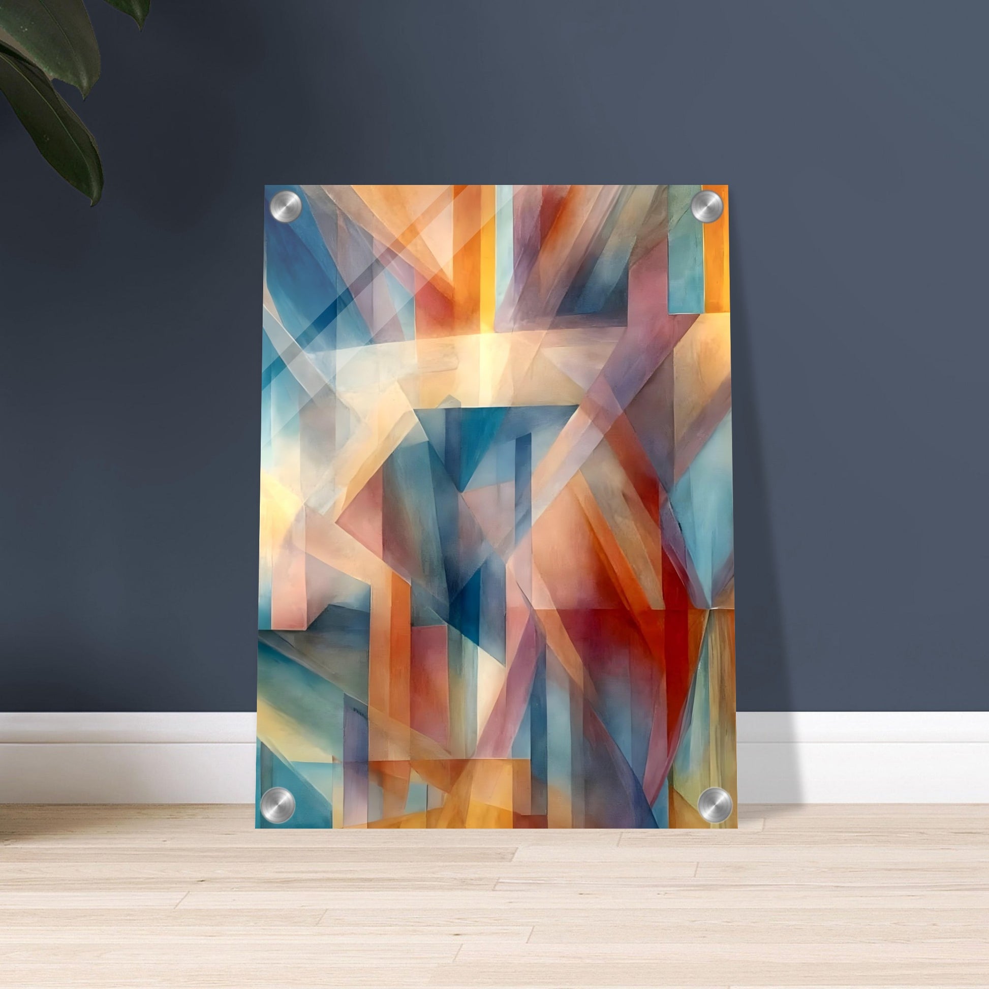 An abstract geometric artwork with interlocking shapes in warm oranges, reds, and cool blues, blending together to create a sense of depth and shifting light.
