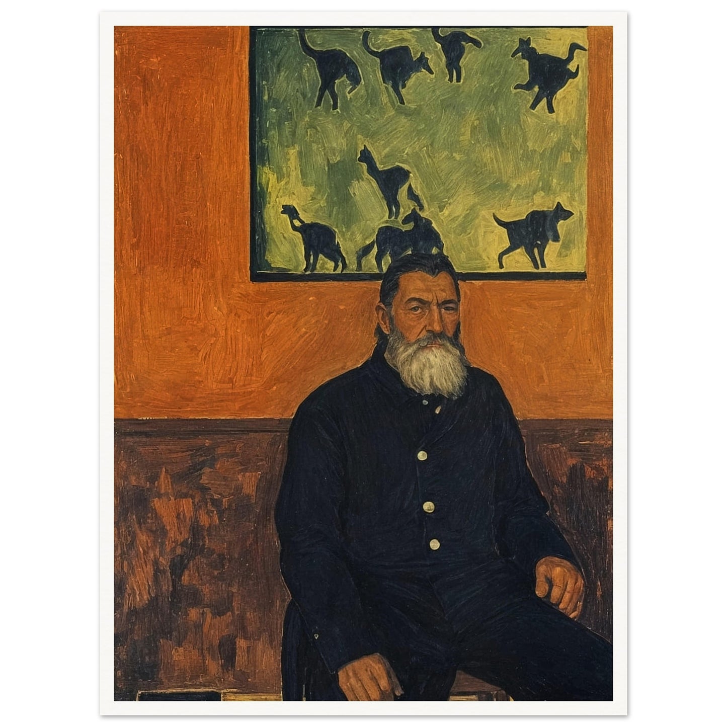A bearded man seated against a burnt orange wall, gazing into the distance with a painting of cats behind him, exuding a quiet, contemplative presence.