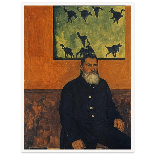 A bearded man seated against a burnt orange wall, gazing into the distance with a painting of cats behind him, exuding a quiet, contemplative presence.