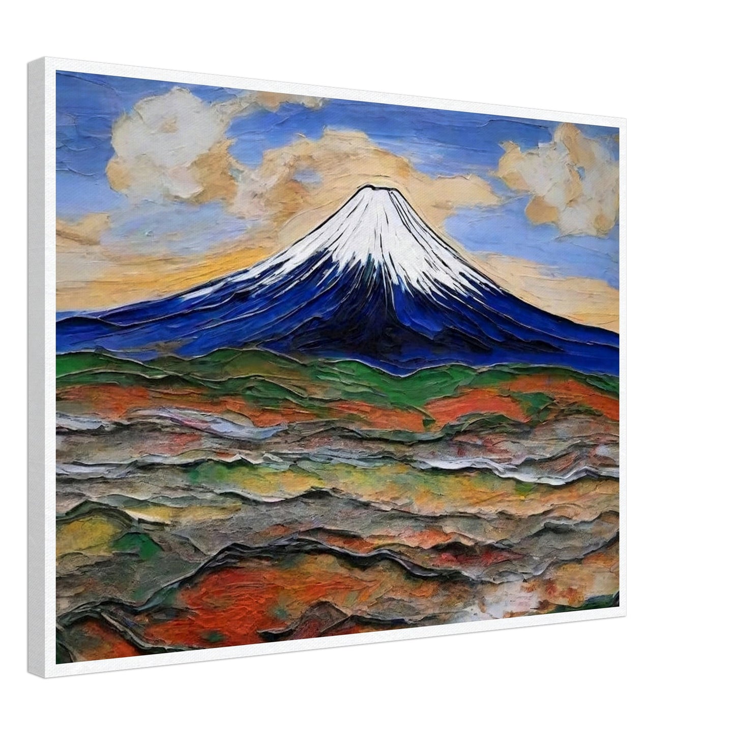 "A breathtaking view of a snow-capped mountain under a colorful sky, with rolling hills in earthy tones spreading out below."