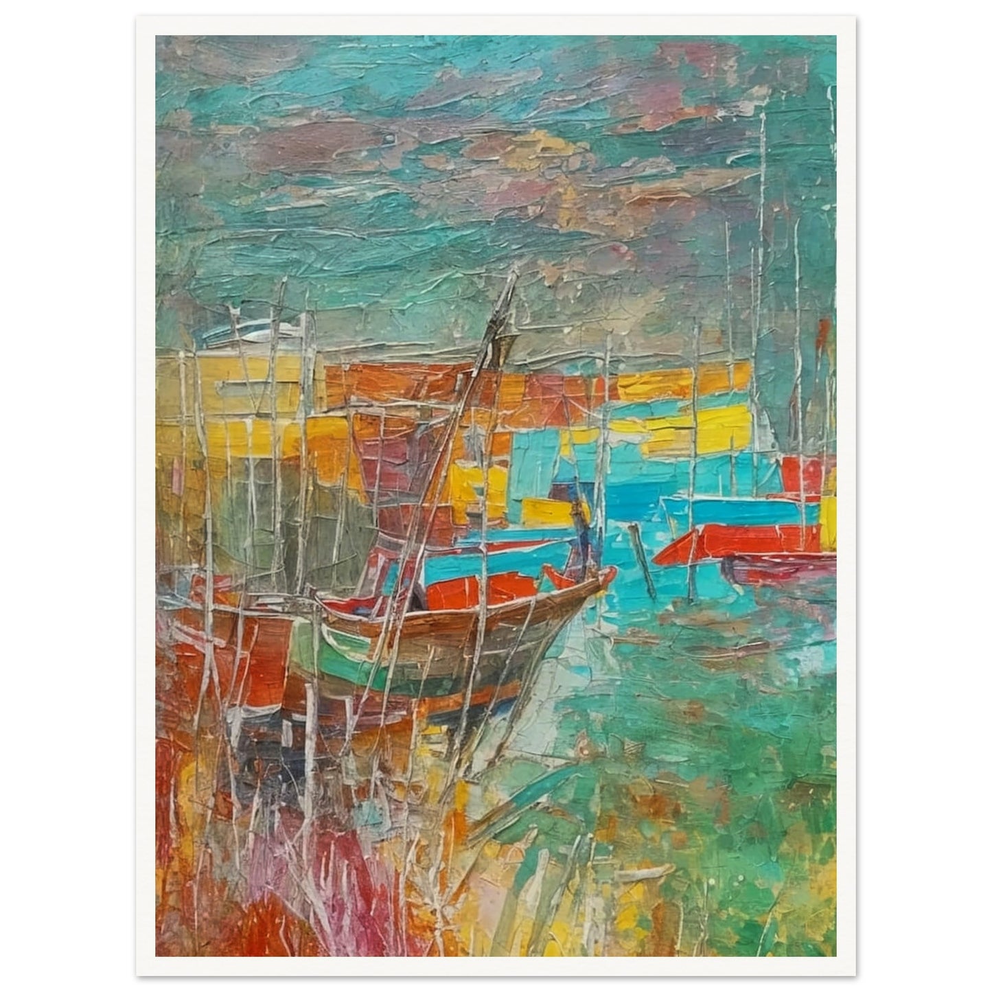 A vibrant, textured painting of boats docked at a harbor, with bold colors of red, blue, and yellow blending into the water and sky, creating a lively and colorful seascape.
