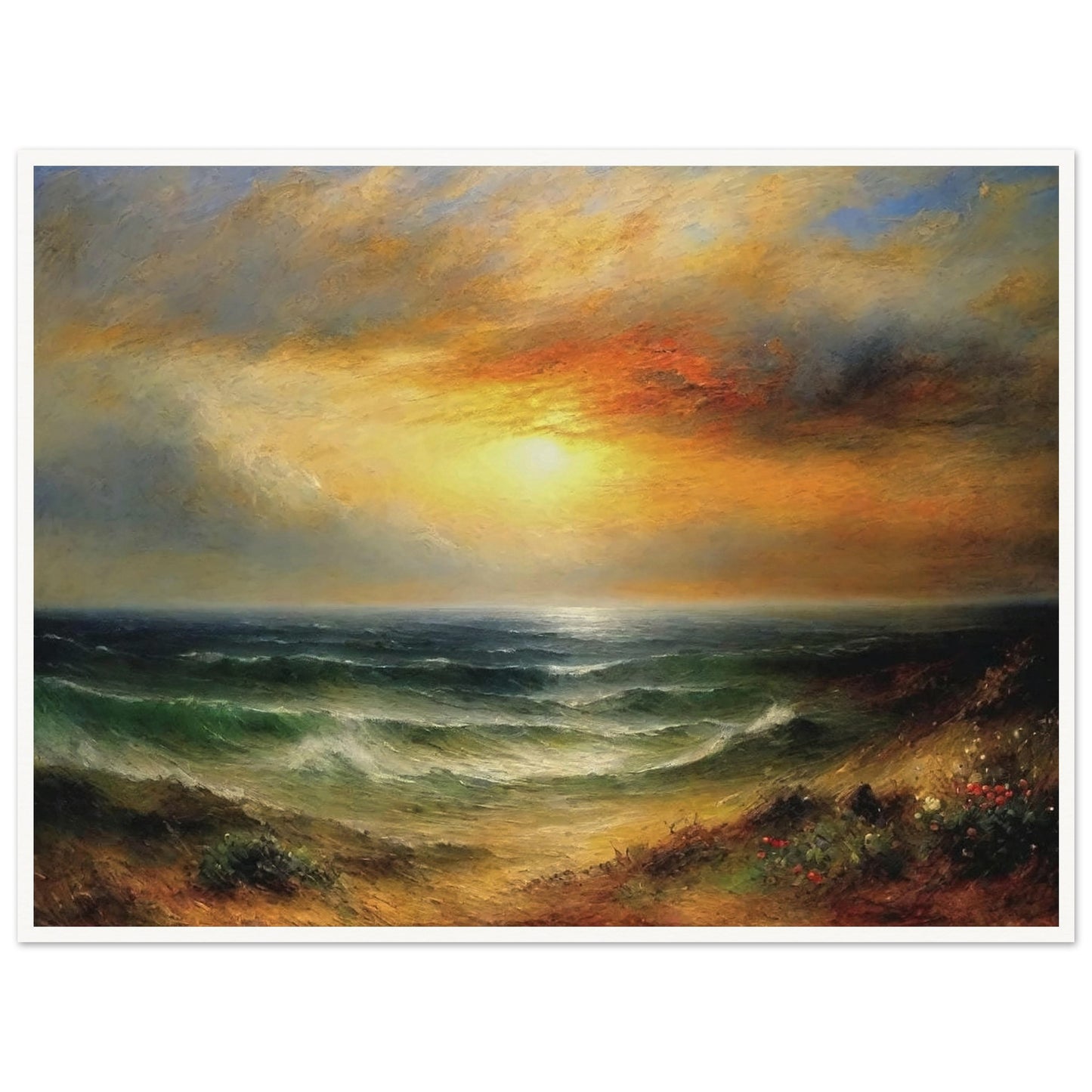 A beautiful seascape painting of a glowing sunset over calm ocean waves, with golden skies and soft colors reflecting on the water.