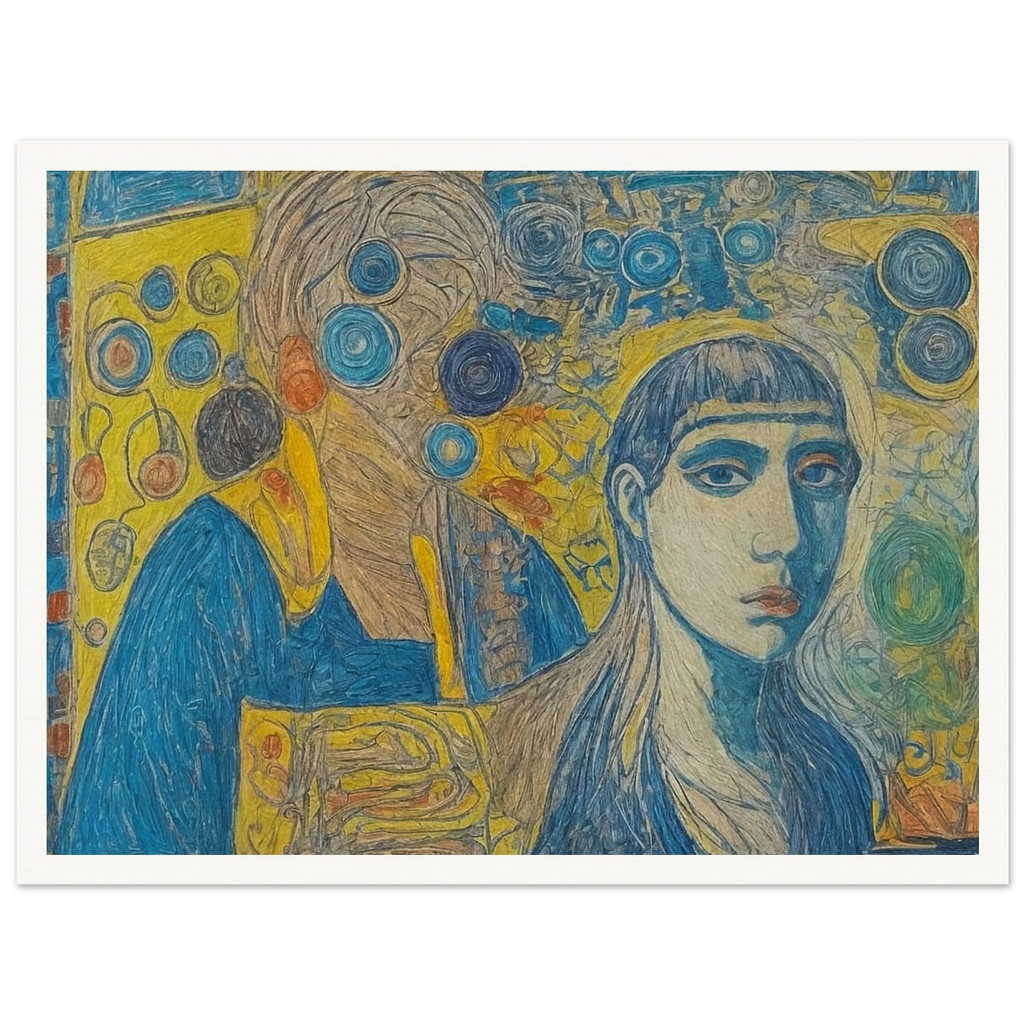 An intricate painting that merges vibrant abstract patterns with expressive human figures, portraying a deep connection between identities and surroundings.