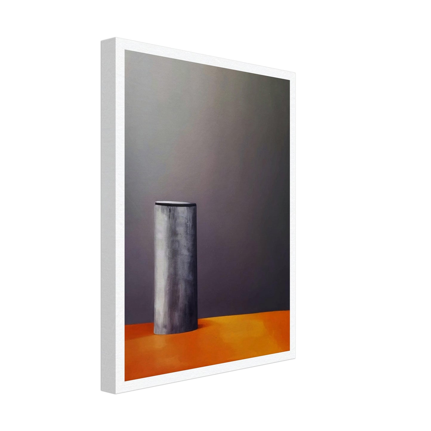 A minimalistic composition featuring a single cylindrical gray object standing on a warm orange surface against a dark, muted background, evoking stillness and simplicity.