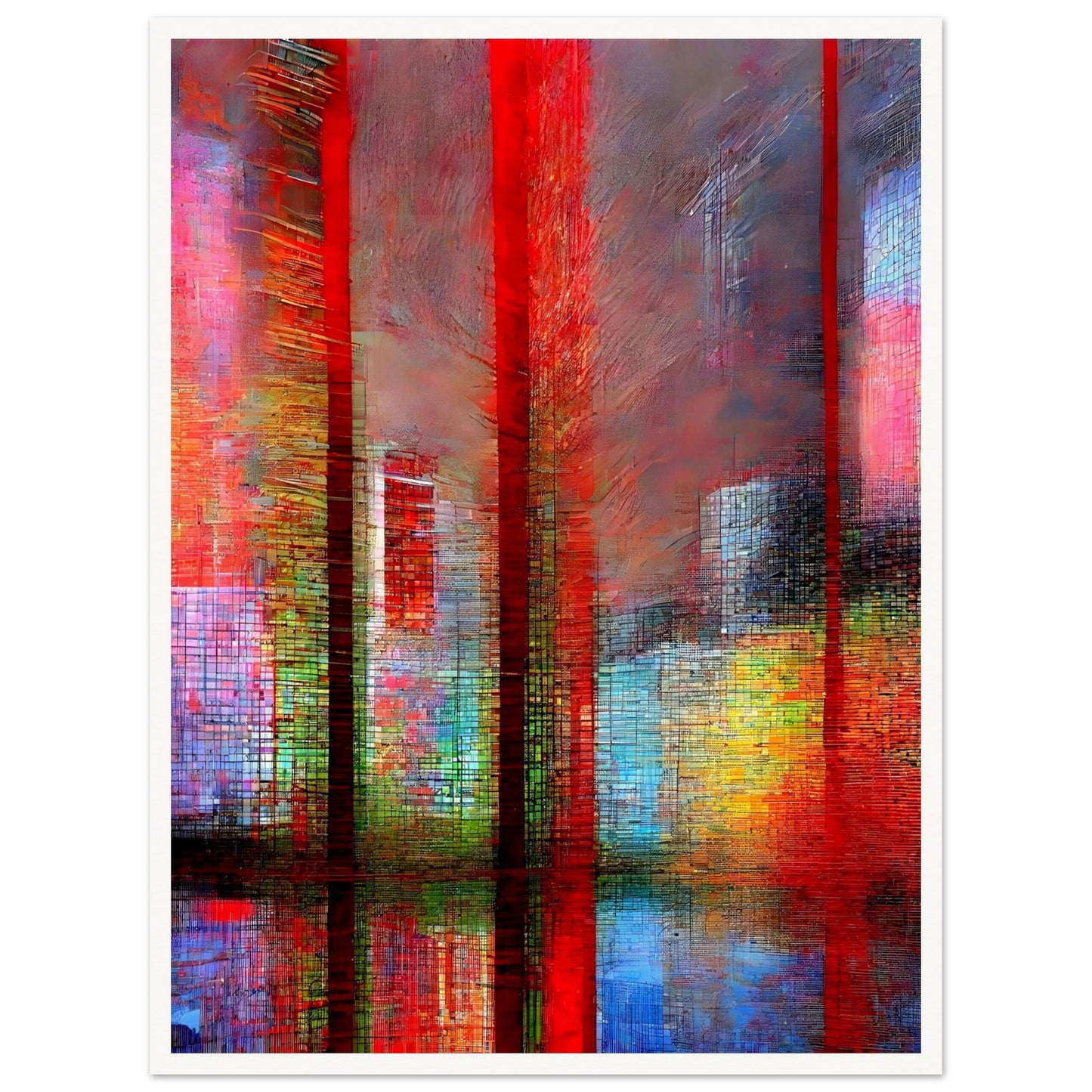 A vibrant abstract cityscape featuring tall red structures, colorful reflections, and a textured urban atmosphere in shades of red, blue, and yellow.