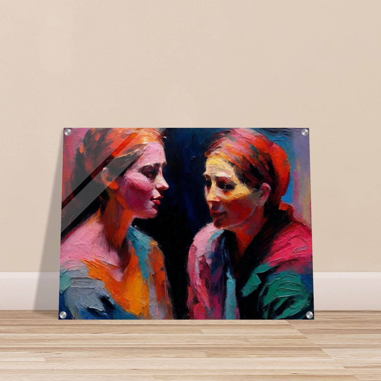 An expressive painting of two women engaged in a deep conversation, using bold and vibrant colors.