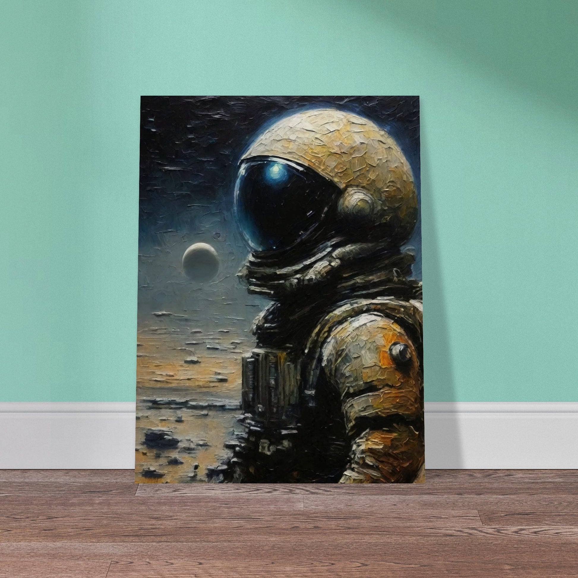 A detailed painting of an astronaut in a spacesuit standing on a lunar surface with a distant planet in the background.