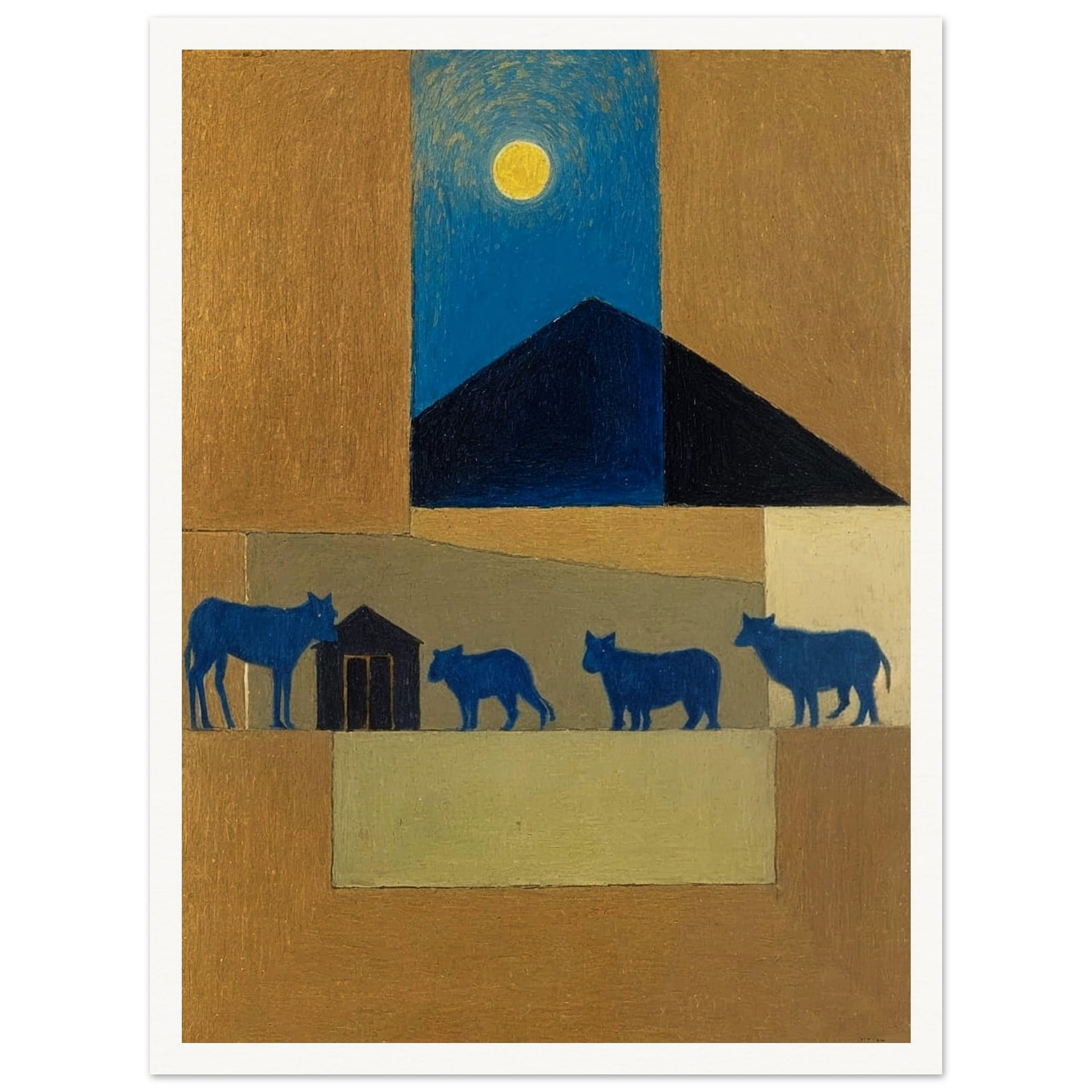 A peaceful night scene with blue cattle walking under the moon, against a backdrop of warm earthy tones and a dark triangular roof.