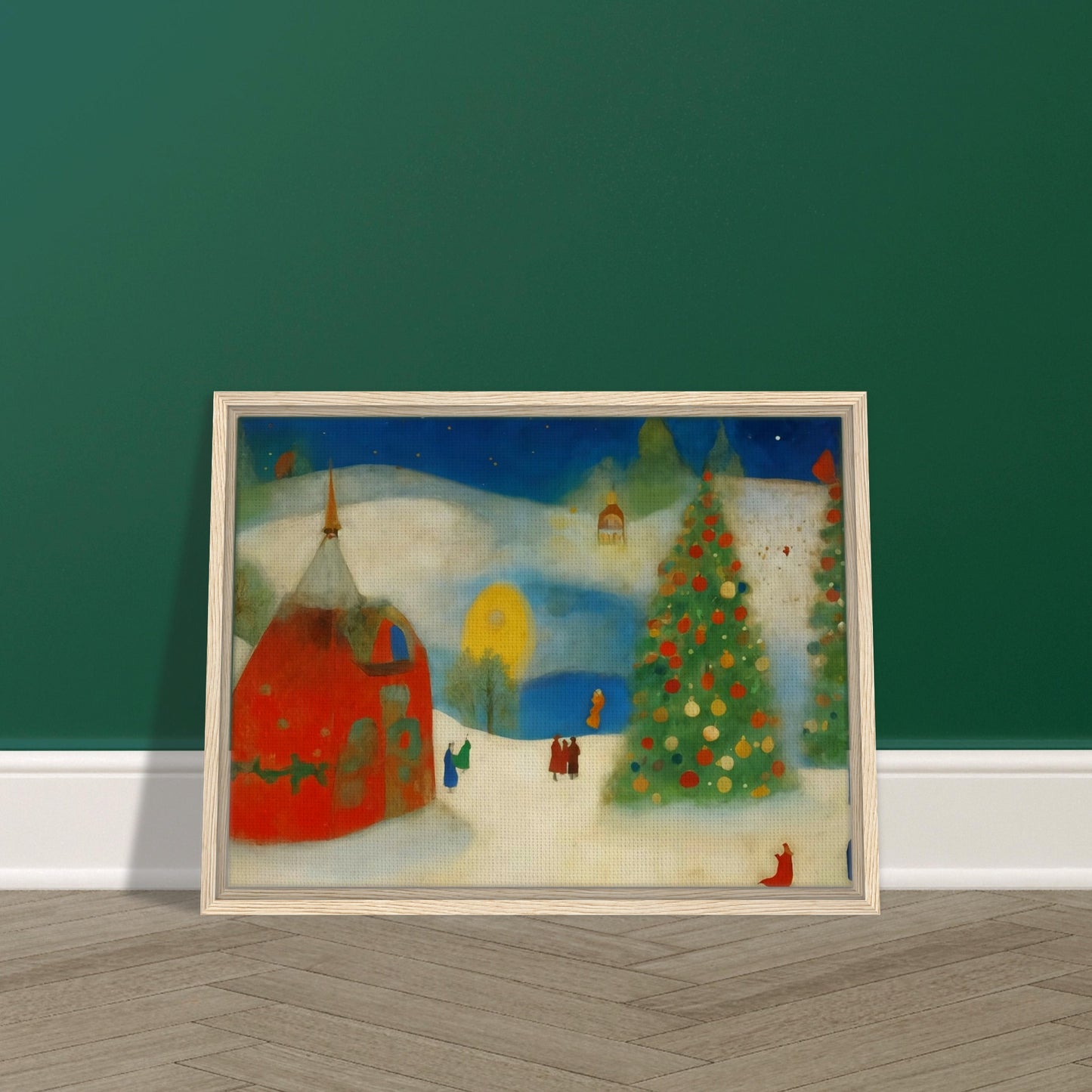 A whimsical winter scene with a large Christmas tree decorated in vibrant ornaments, a cozy red house, and figures strolling through a snowy landscape under a night sky.