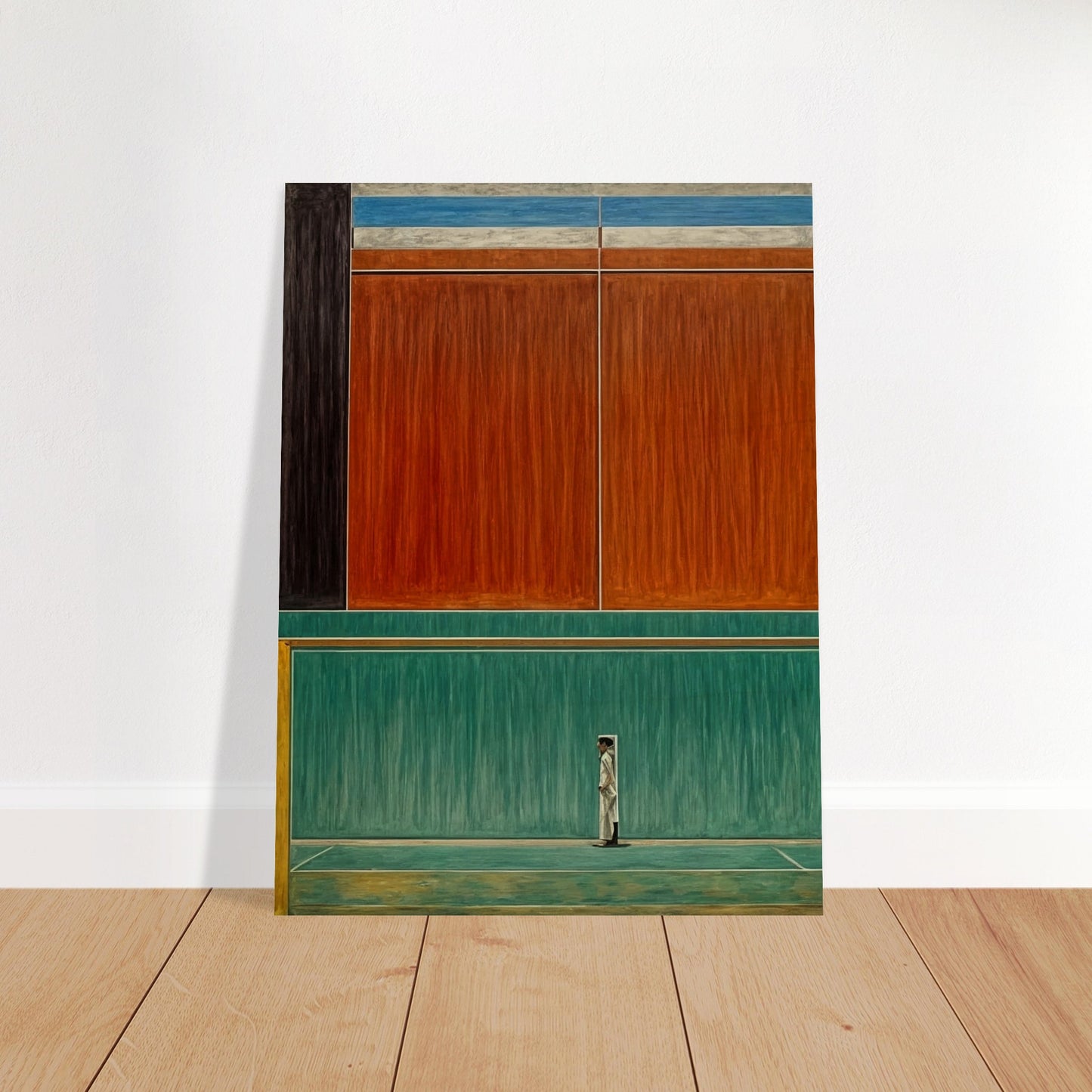 A minimalist painting depicting a solitary figure standing in front of large abstract color blocks.