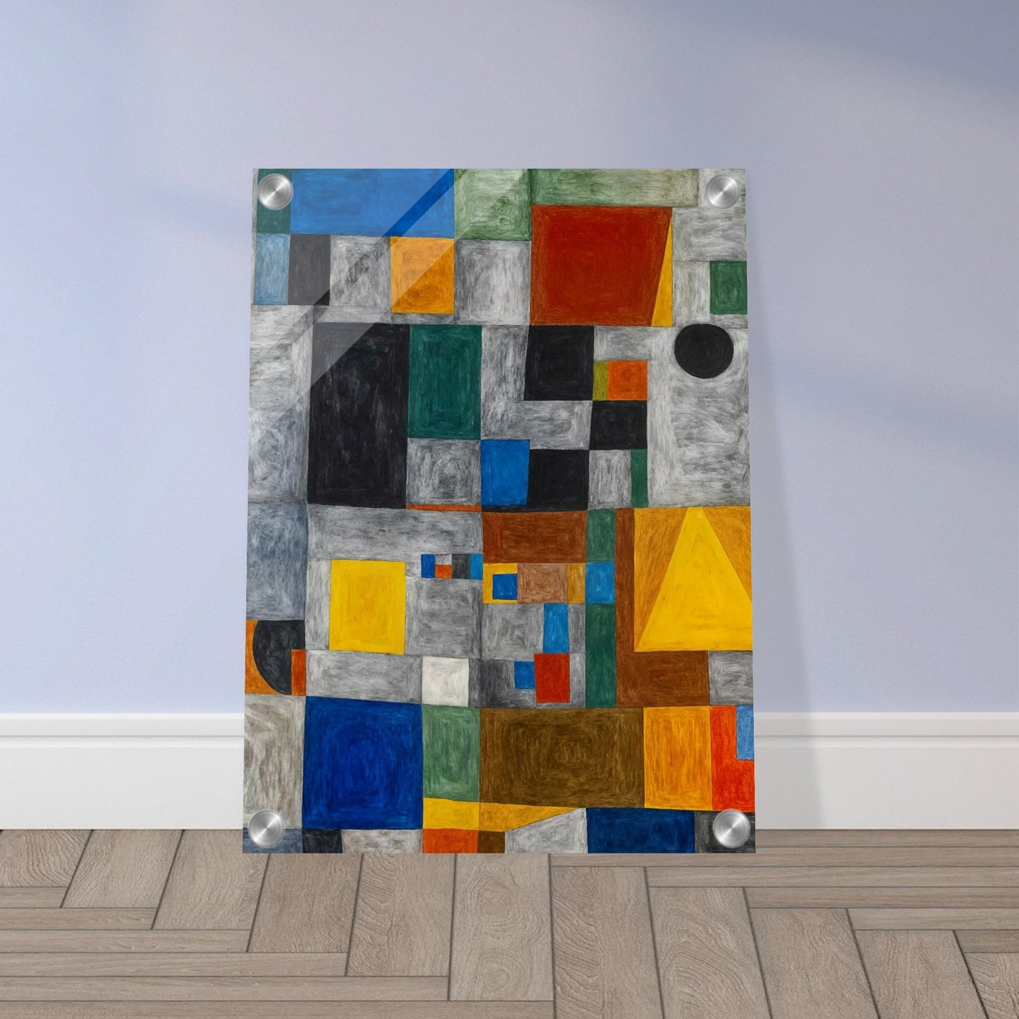 Abstract geometric artwork featuring a grid of colored squares and rectangles, creating a vibrant, dynamic composition.