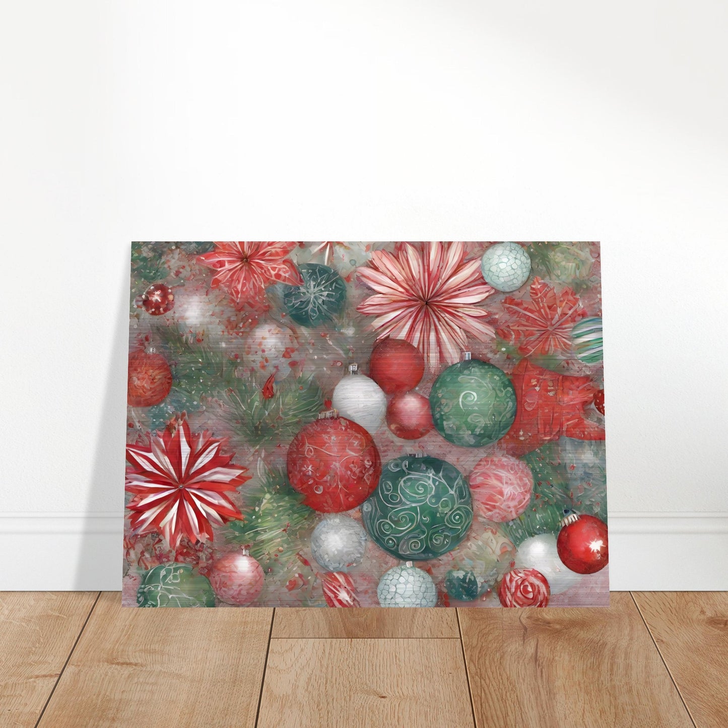 A vibrant festive artwork featuring red, green, and white Christmas ornaments, delicate floral patterns, and evergreen branches, evoking holiday cheer.