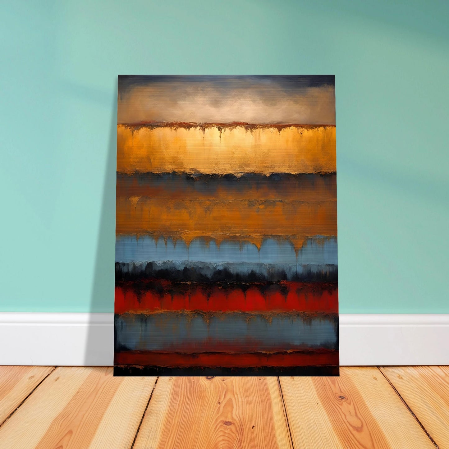 Rich bands of gold, rust, blue, and black flow like sediment layers in a moody, textured expression of earth and time.