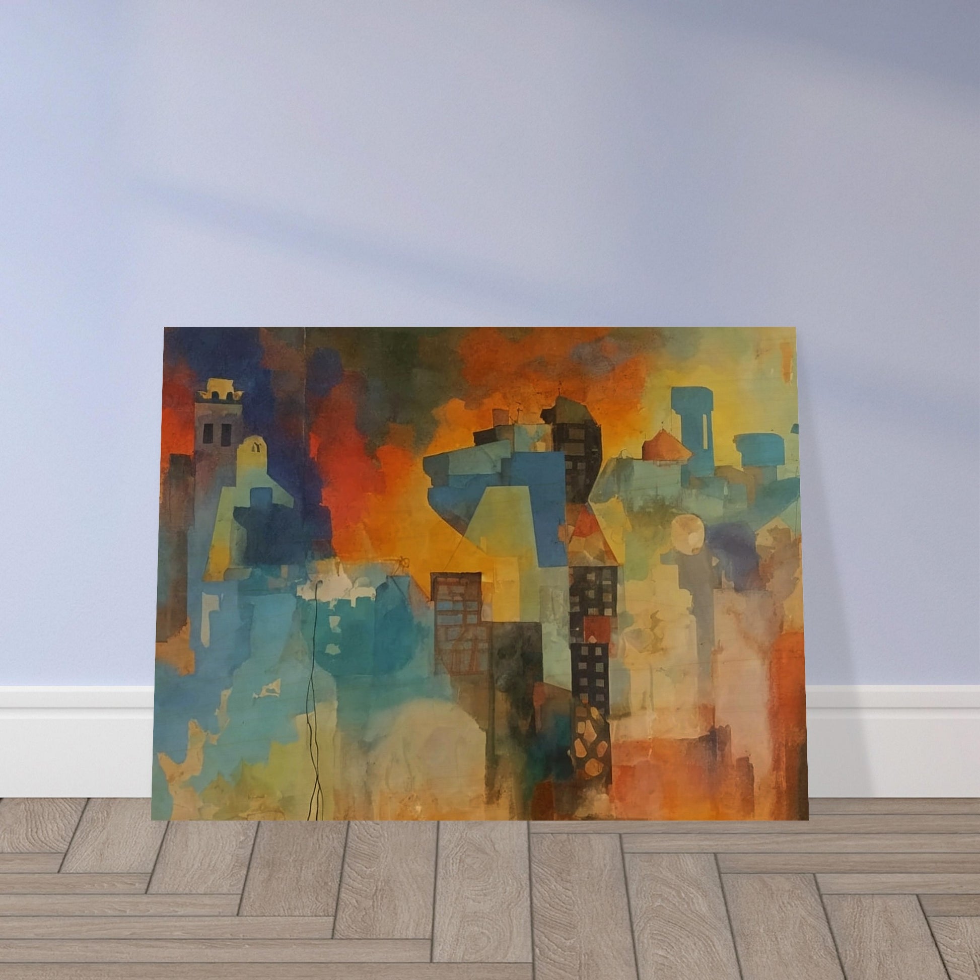 An abstract cityscape painting with a blend of vibrant colors and geometric shapes, illustrating a lively urban scene.