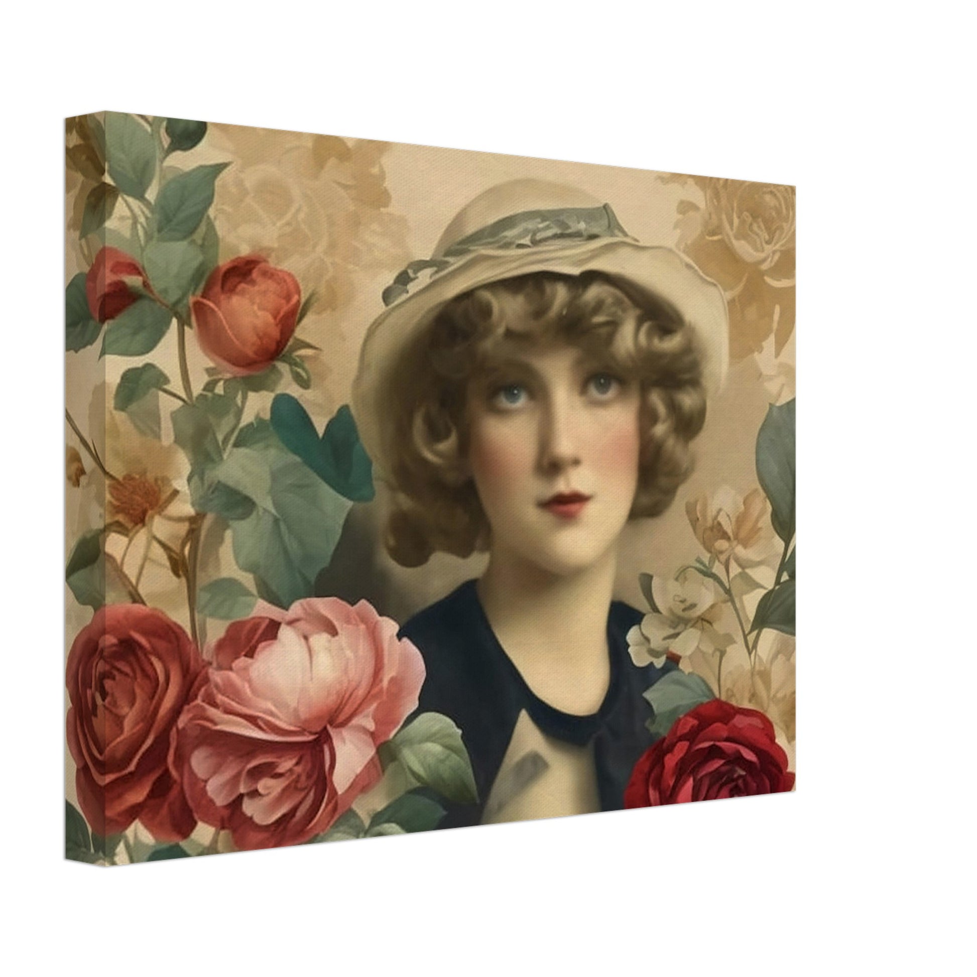 A vintage-style portrait of a woman in a hat, surrounded by blooming roses in soft, muted colors.