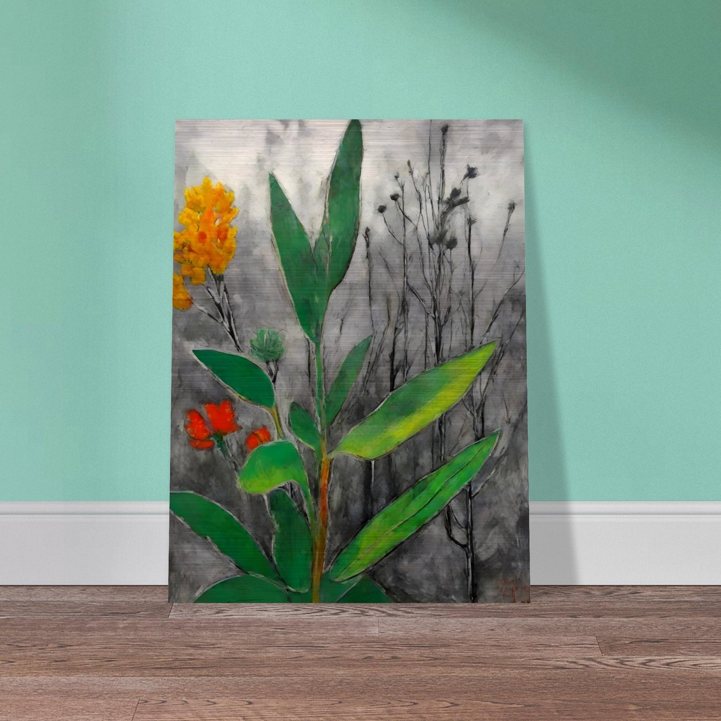 A striking contrast of lush green leaves and vibrant orange and yellow flowers against a monochrome background of withered branches.