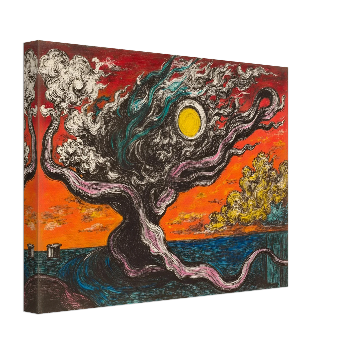 A surreal tree with smoky limbs stretches beneath a fiery orange sky and sun, near a vivid blue sea and yellow clouds.