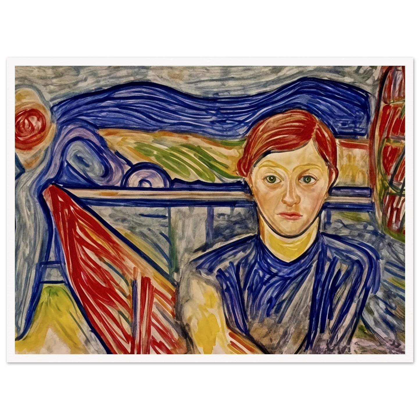 An expressive painting of a figure with red hair, seated against a vibrant background of swirling blue, red, and green brushstrokes, creating a sense of deep thought and inner reflection.