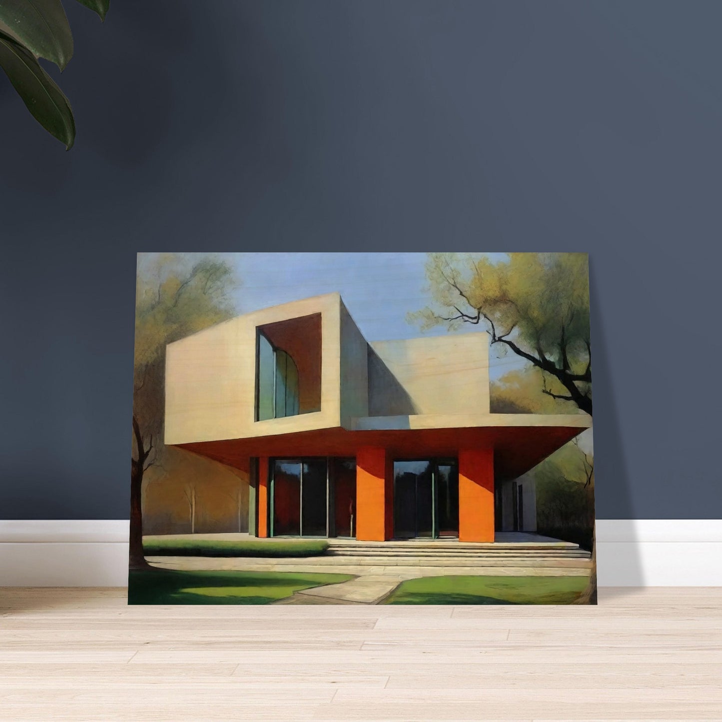 A striking modern architectural building with clean lines and orange accents, bathed in soft sunlight surrounded by trees.