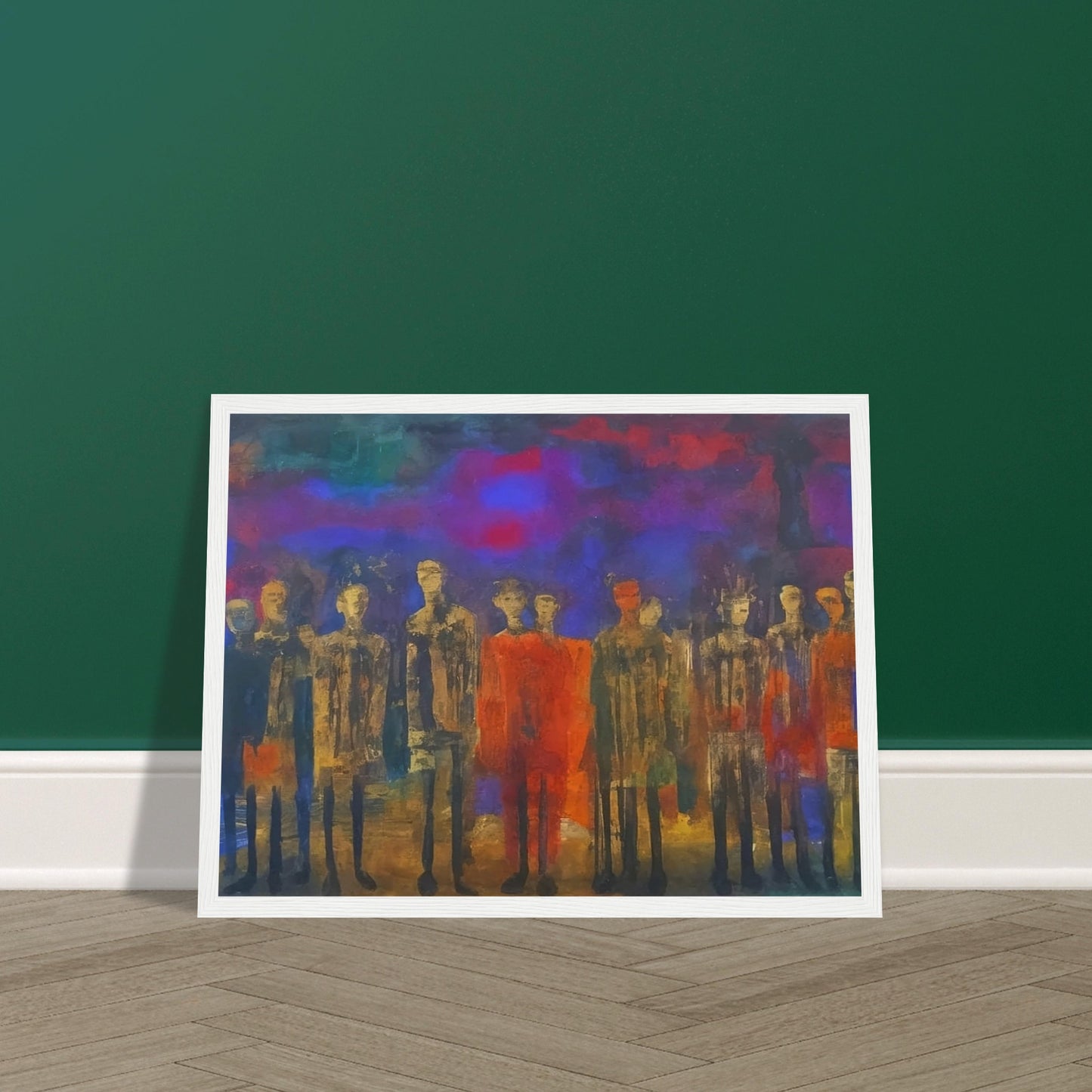 A mysterious gathering of figures in muted tones, set against a vibrant, multicolored backdrop that evokes a sense of silent contemplation.