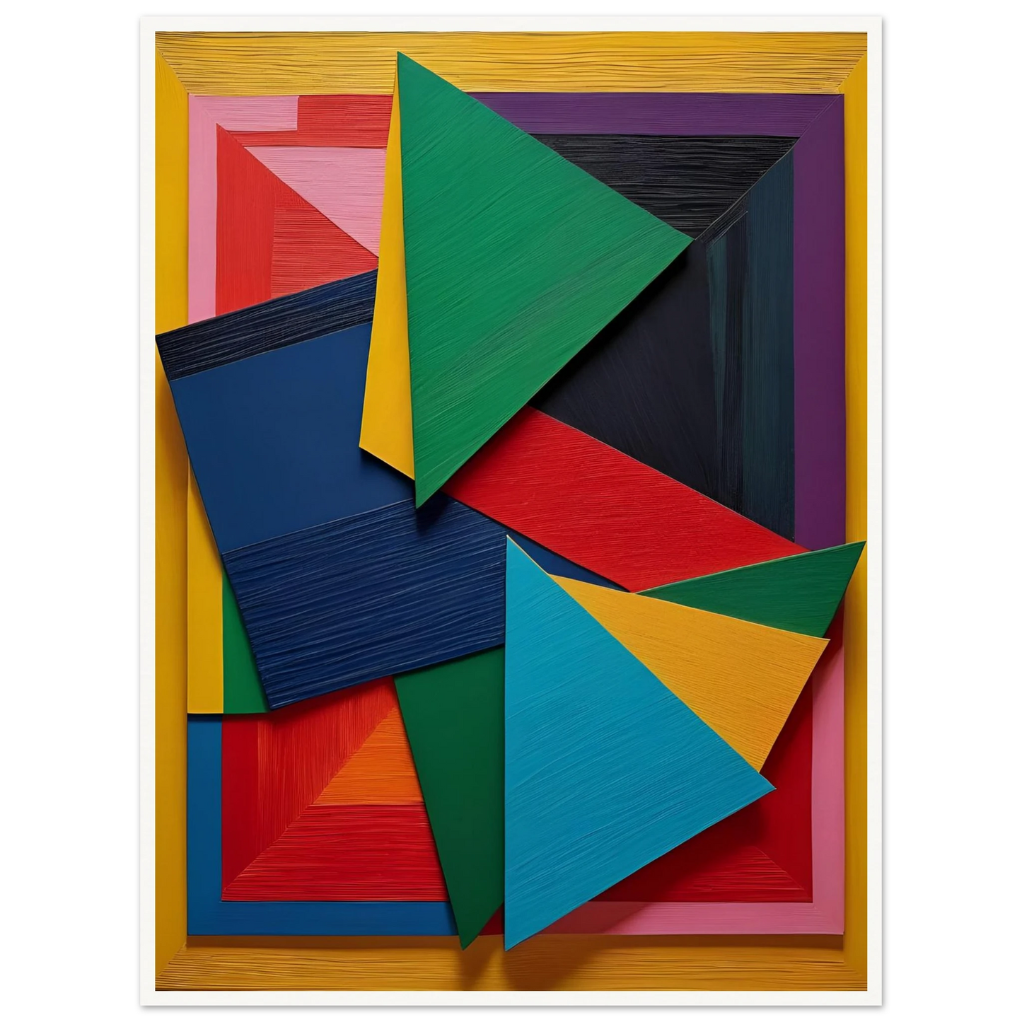 A vibrant arrangement of layered geometric triangles and rectangles in bold, textured colors on a yellow-framed background.