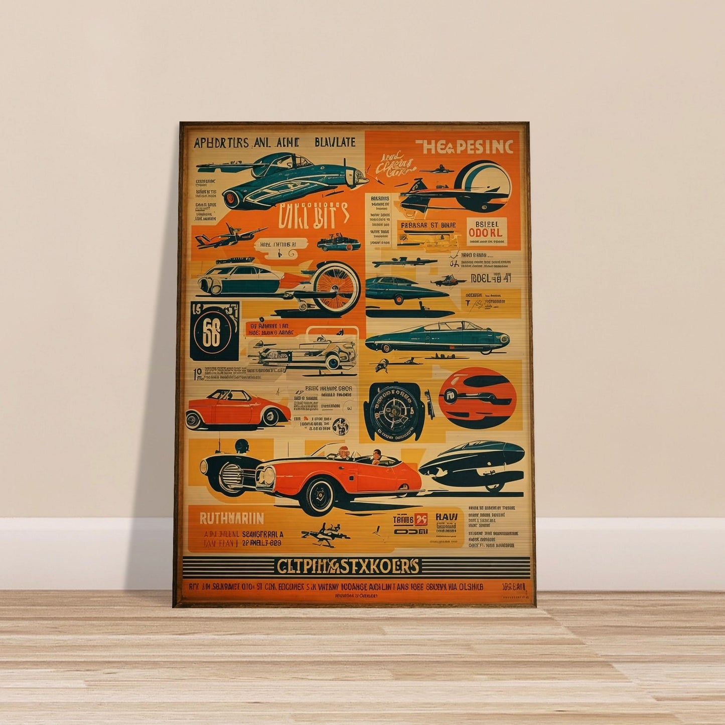 A retro sci-fi themed poster filled with futuristic vehicles, planes, and spaceships in bold colors, presenting a glimpse into a future imagined in the past.