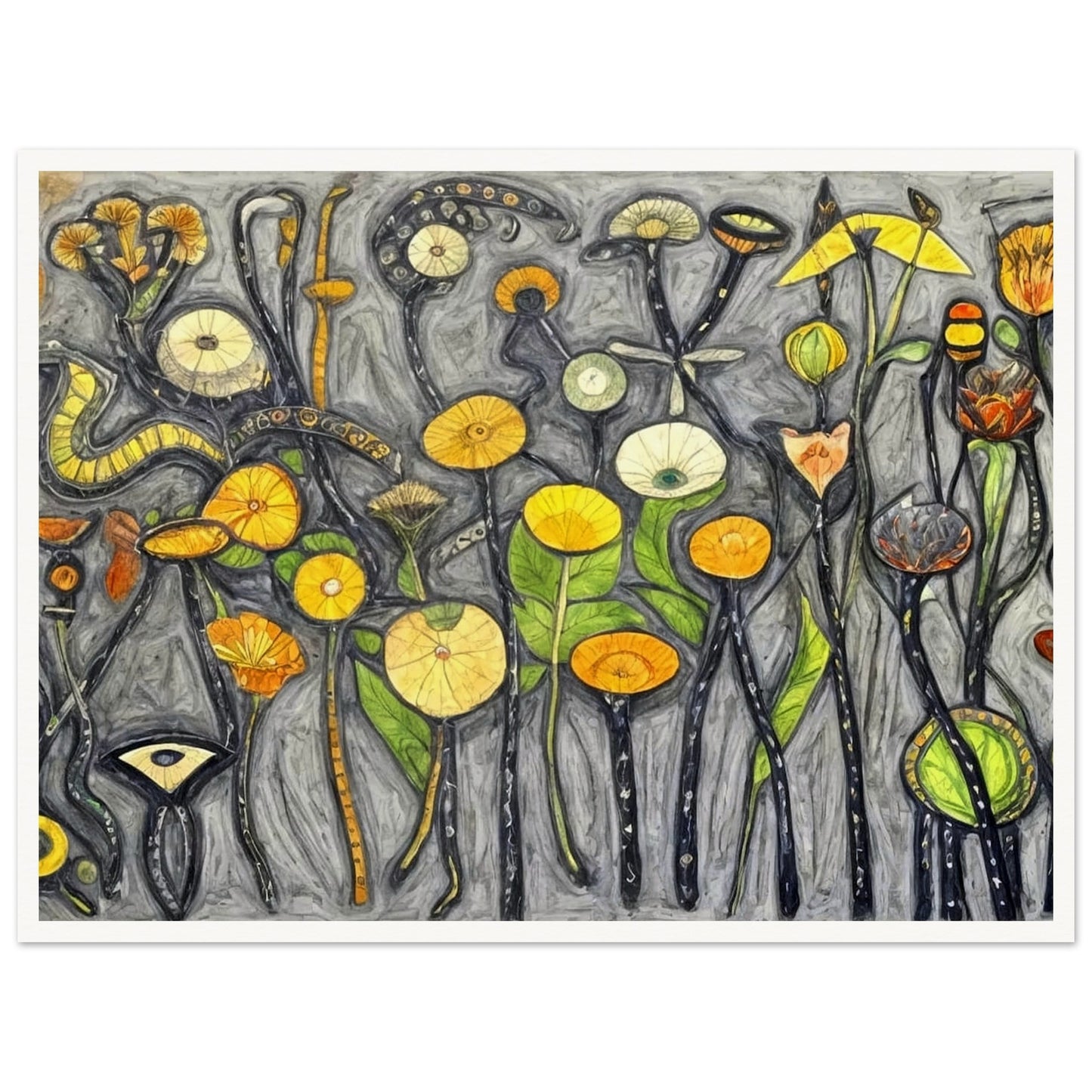 A whimsical painting of abstract flowers and plants in vibrant shades of yellow, orange, and green, set against a textured gray background.
