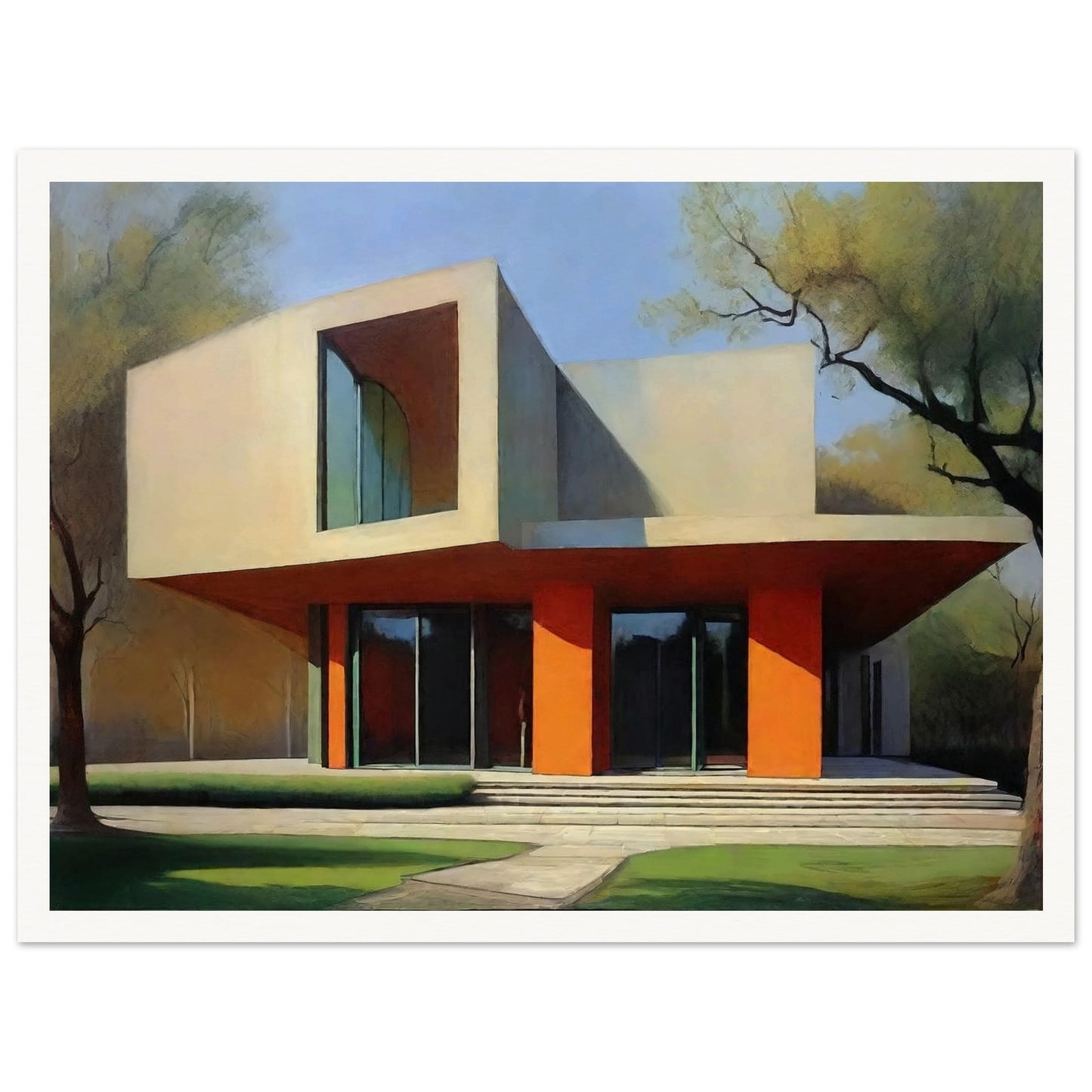 A striking modern architectural building with clean lines and orange accents, bathed in soft sunlight surrounded by trees.