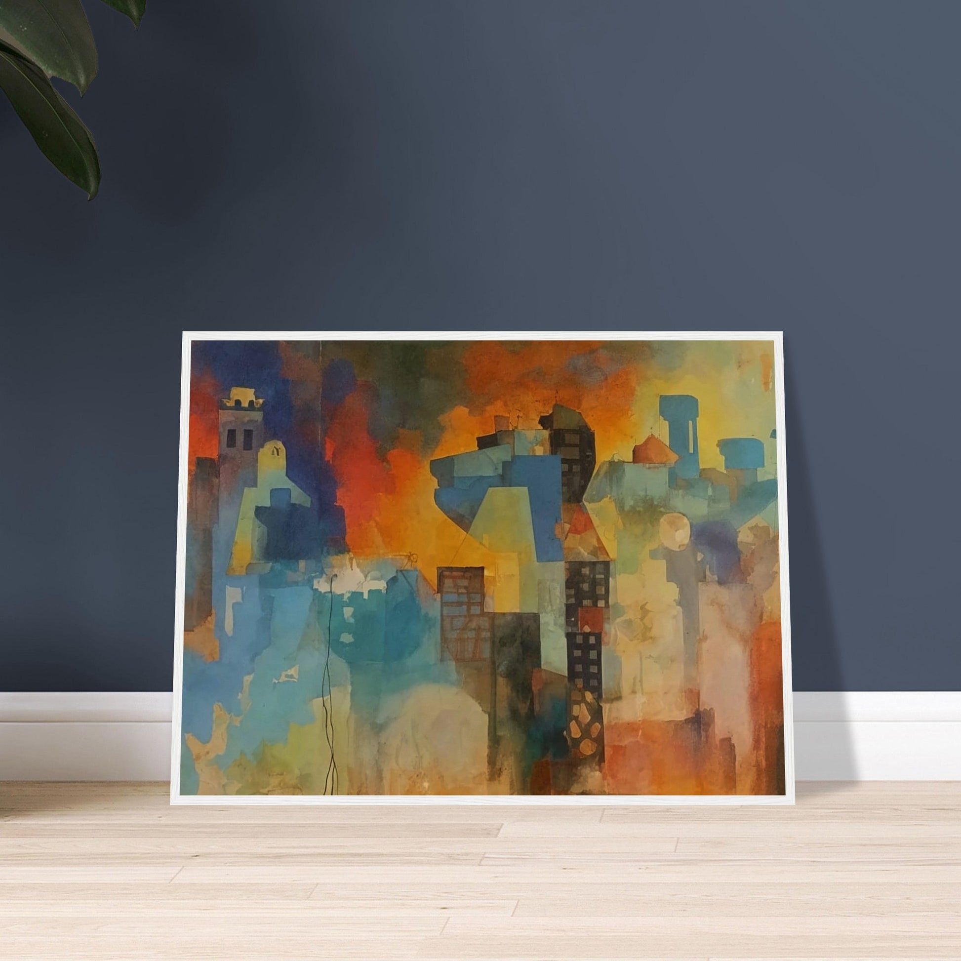 An abstract cityscape painting with a blend of vibrant colors and geometric shapes, illustrating a lively urban scene.