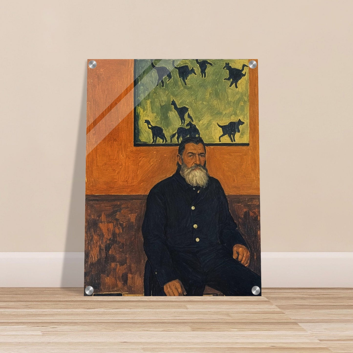 A bearded man seated against a burnt orange wall, gazing into the distance with a painting of cats behind him, exuding a quiet, contemplative presence.