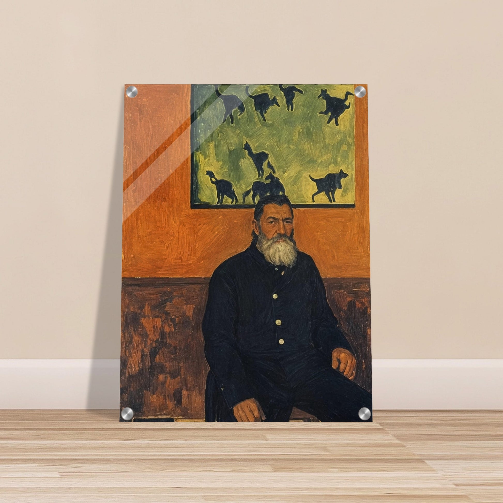 A bearded man seated against a burnt orange wall, gazing into the distance with a painting of cats behind him, exuding a quiet, contemplative presence.