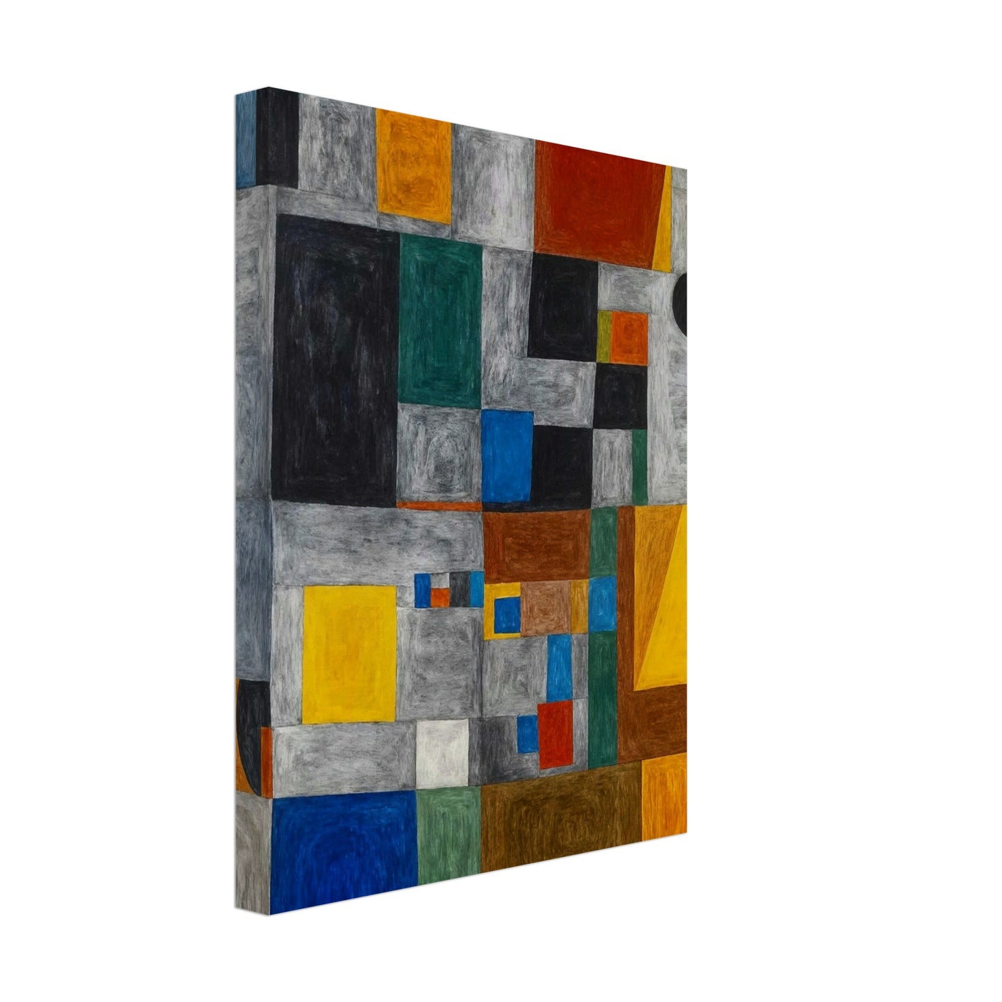 Abstract geometric artwork featuring a grid of colored squares and rectangles, creating a vibrant, dynamic composition.