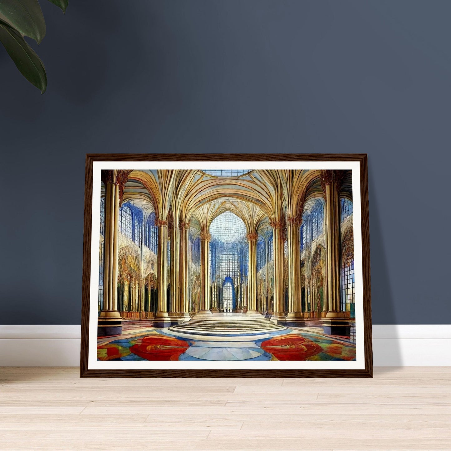 A grandiose hall with towering golden columns, intricate arched ceilings, and expansive windows that fill the space with light and color.