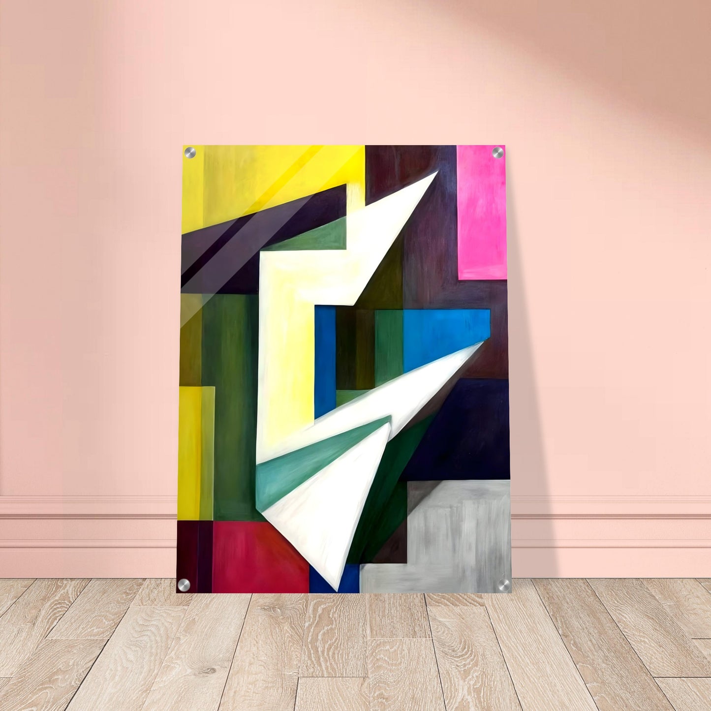 A bold geometric composition featuring sharp angles and planes, with vibrant blocks of yellow, green, blue, and pink forming a dynamic interplay of light and shadow.