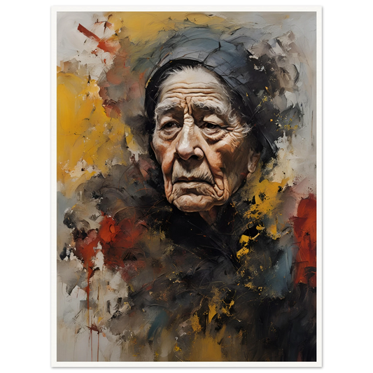 A captivating portrait of an elderly woman with deep wrinkles, wearing a black hood, surrounded by a textured, expressive background in earthy tones.