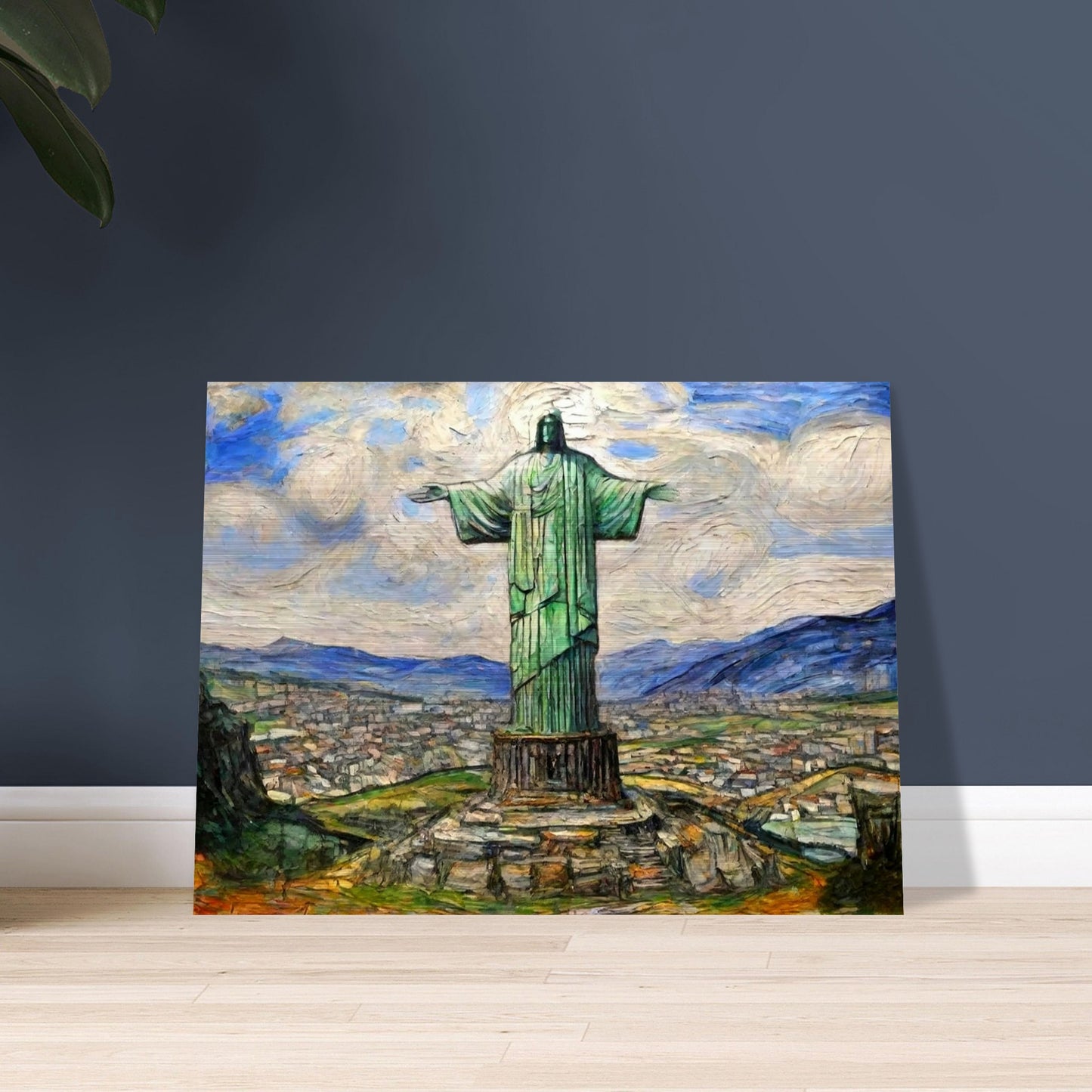 "A majestic painting of the Christ the Redeemer statue standing tall over the city of Rio de Janeiro, with vibrant skies and mountain ranges in the background."