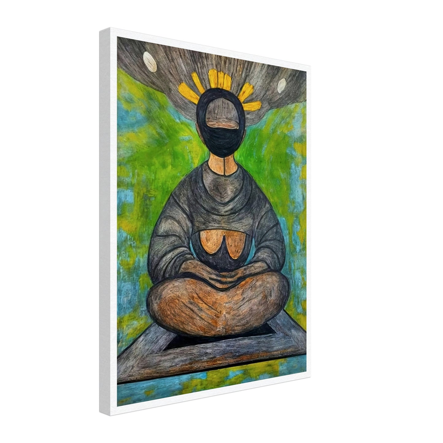 An abstract depiction of a meditative figure seated in a cross-legged position with a halo-like crown of yellow rays, set against a vibrant green and blue background, symbolizing tranquility and spiritual reflection.