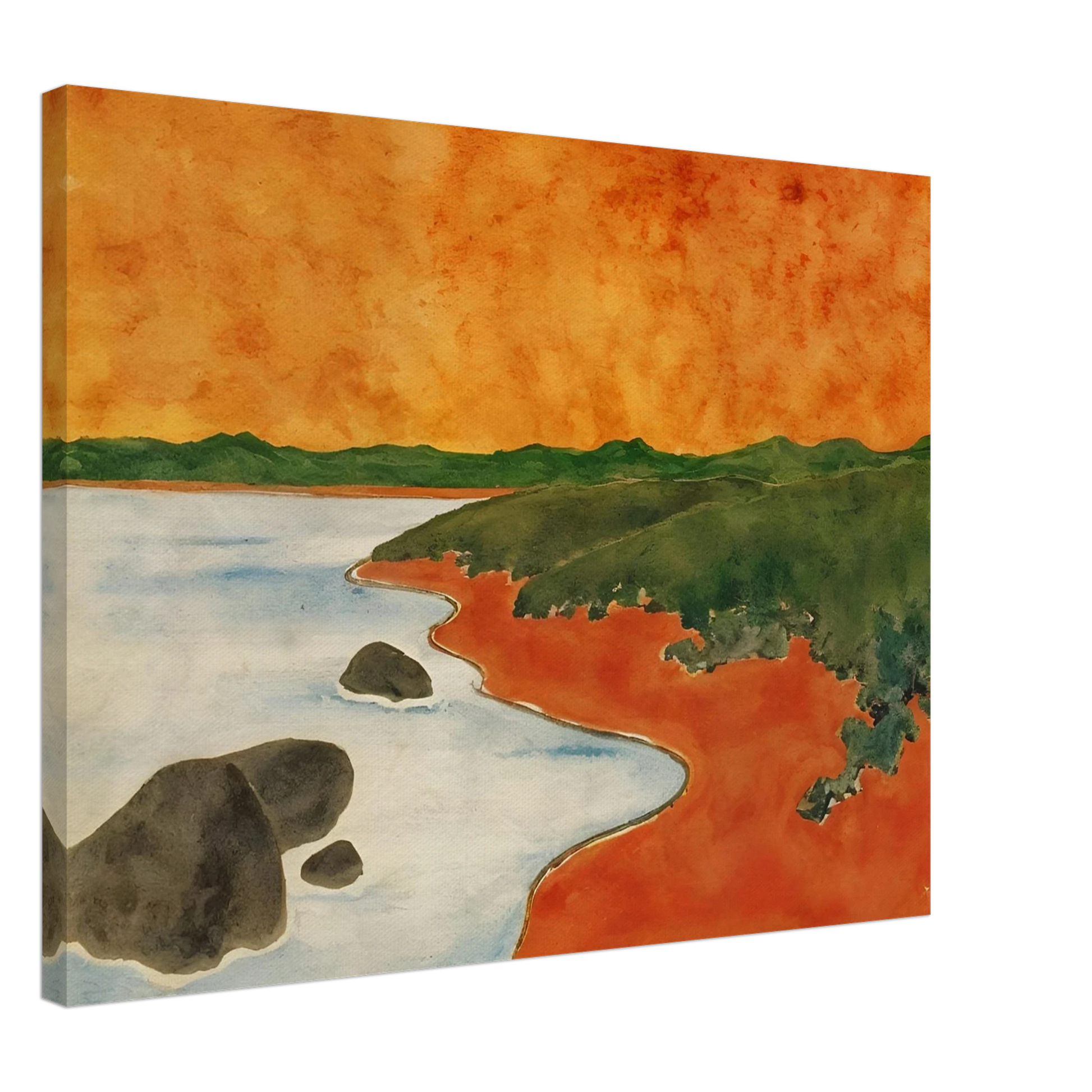 A vivid coastal scene with fiery orange skies, green hills, and calm shoreline waters meeting a winding red shoreline.