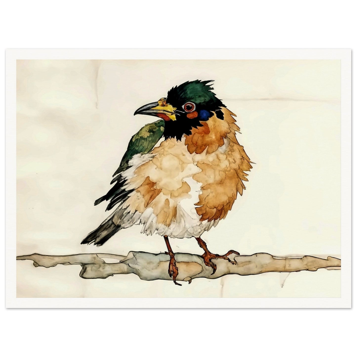 "A delicate painting of a small bird with fluffy, colorful feathers perched on a branch, set against a soft, neutral background."