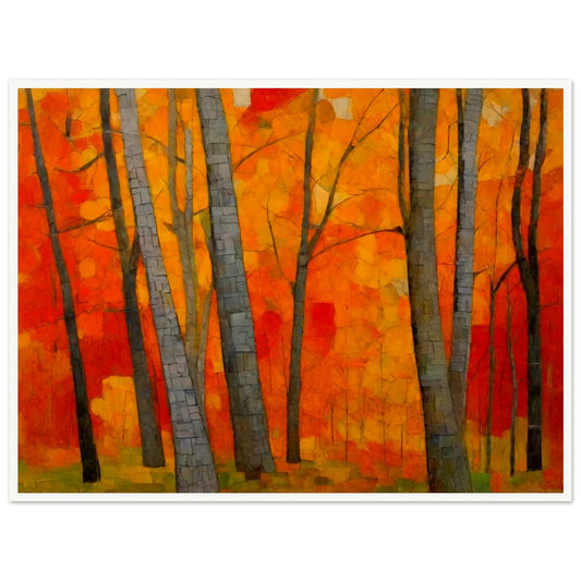 "An abstract autumn forest scene with tall gray trees set against a fiery background of orange, red, and yellow leaves."