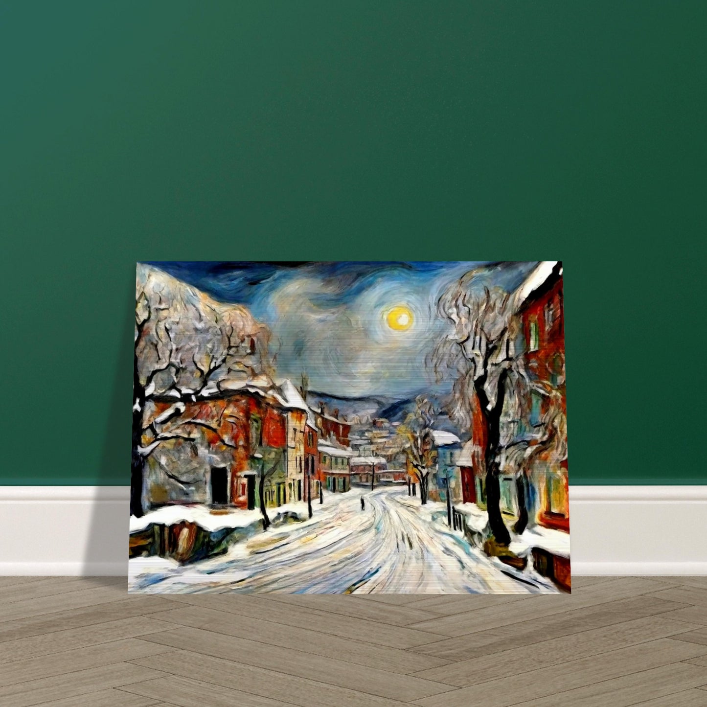 "A serene winter night scene with snow-covered streets and buildings under a glowing moon, framed by frosted trees in a quiet village."
