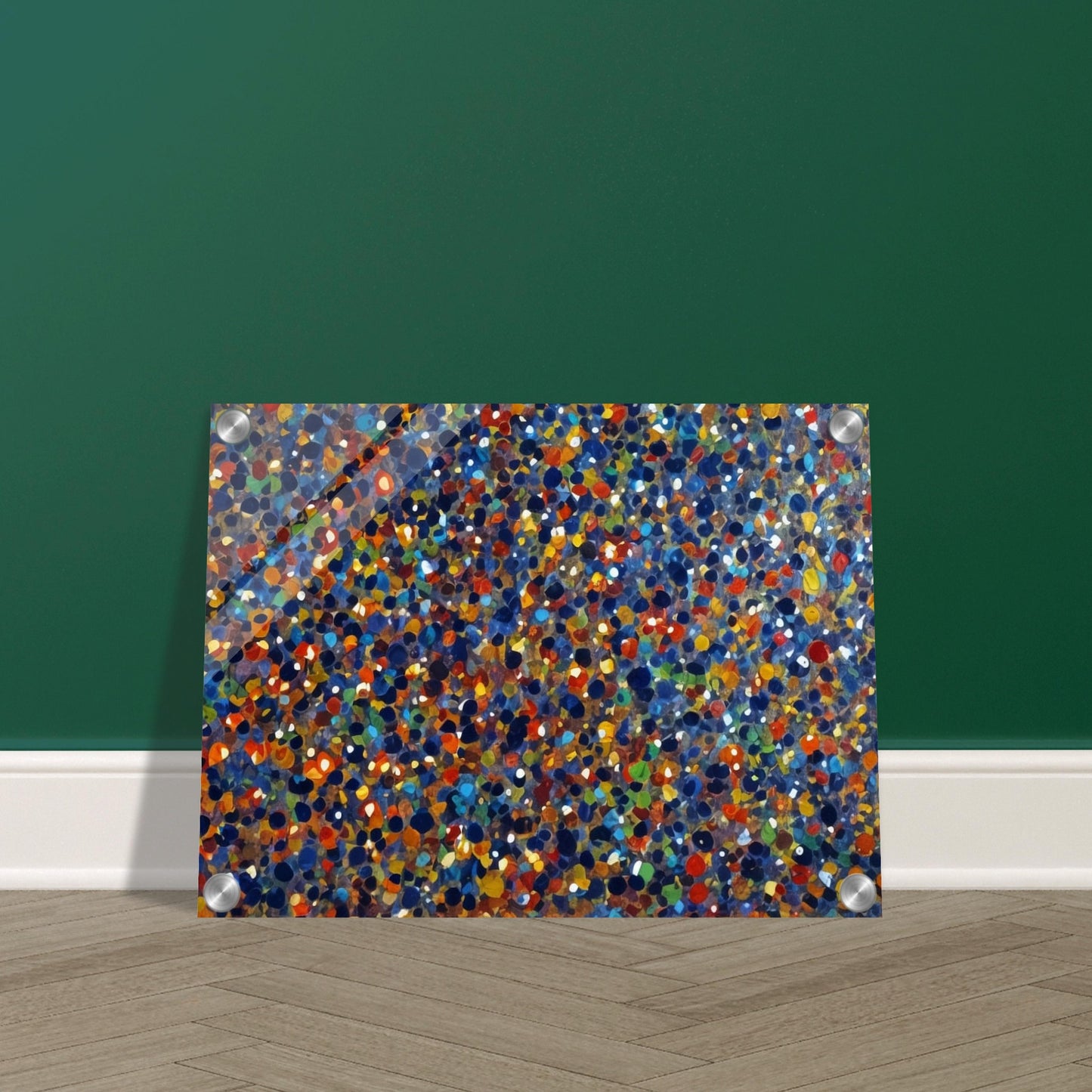 A dynamic display of colorful dots in various shades of blue, orange, green, and red, creating a vibrant and energetic pattern reminiscent of a starry sky or confetti.