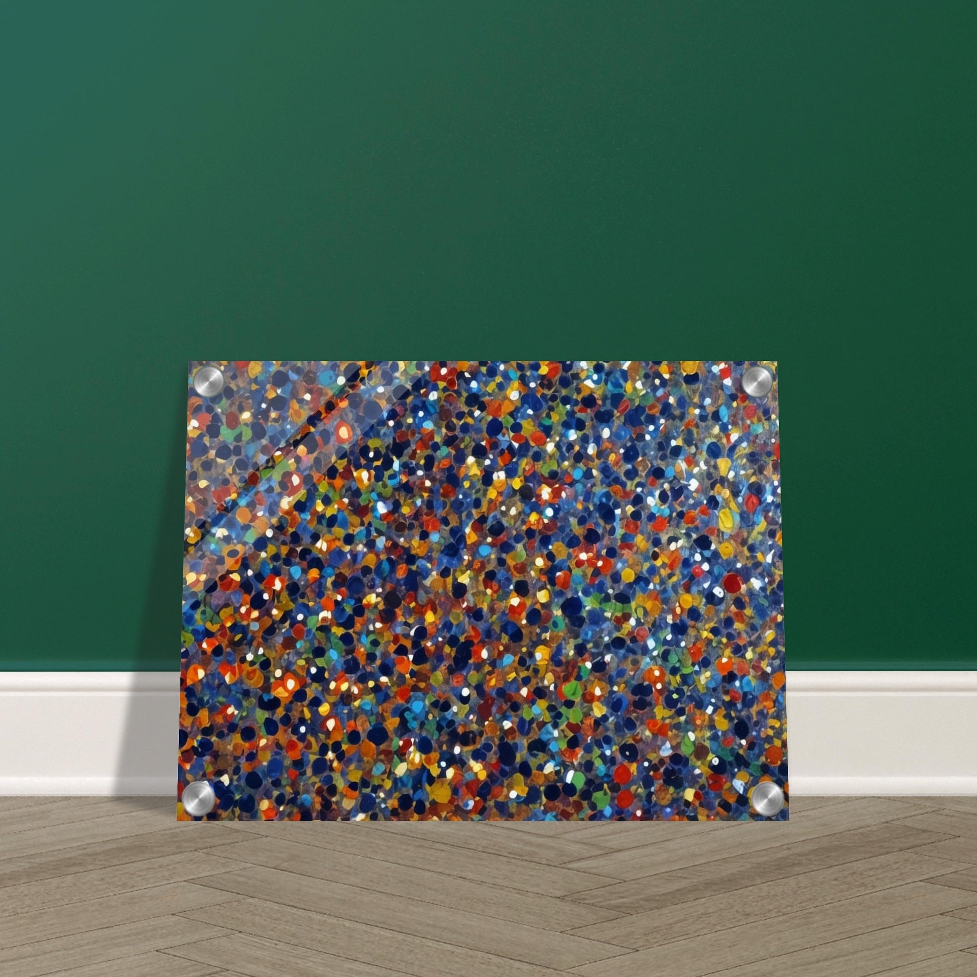 A dynamic display of colorful dots in various shades of blue, orange, green, and red, creating a vibrant and energetic pattern reminiscent of a starry sky or confetti.