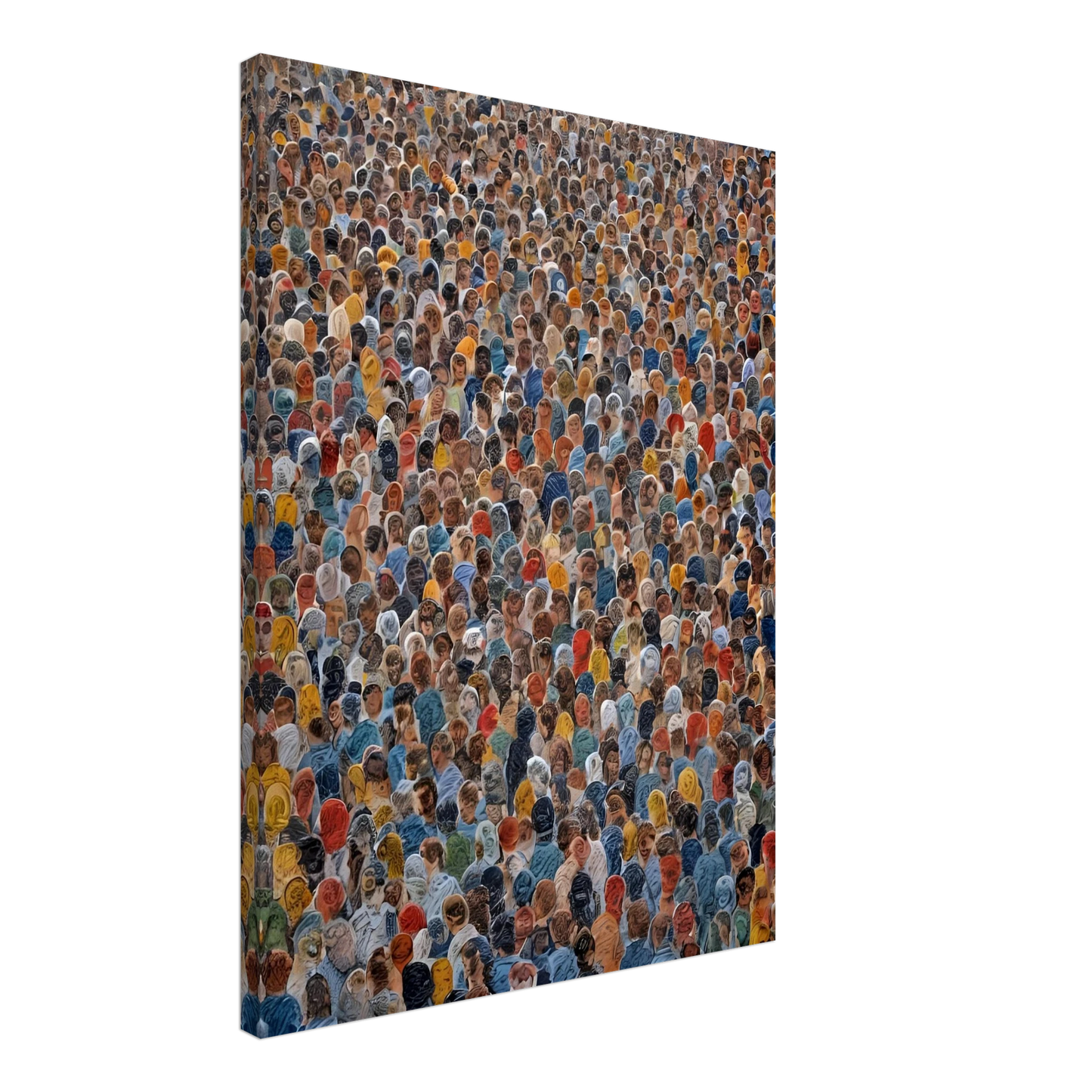 A densely packed crowd of diverse individuals wearing colorful clothing, viewed from above in a striking display of human unity.