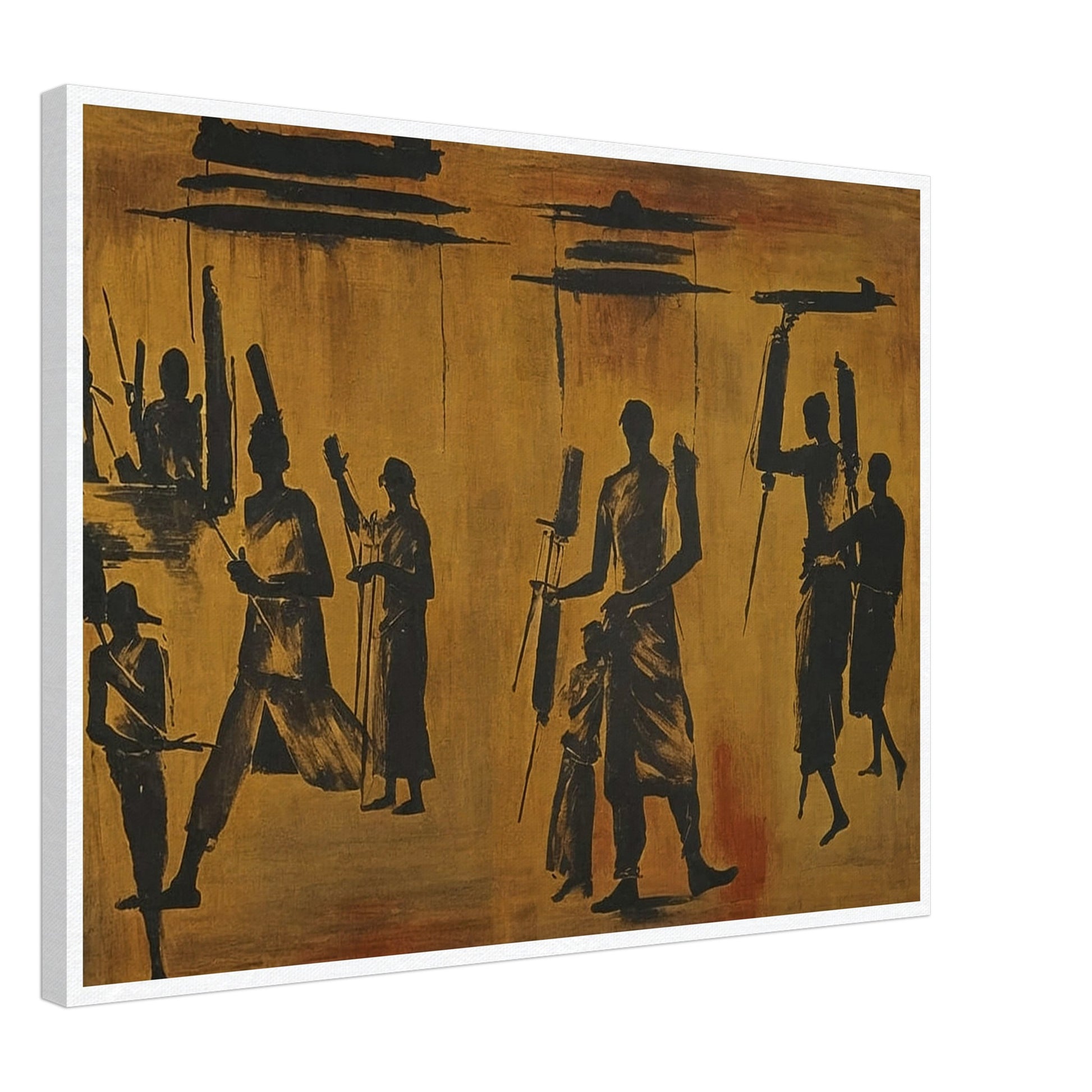 A painting of dark silhouettes of people in motion against a warm, textured background, evoking a sense of movement and rhythm.